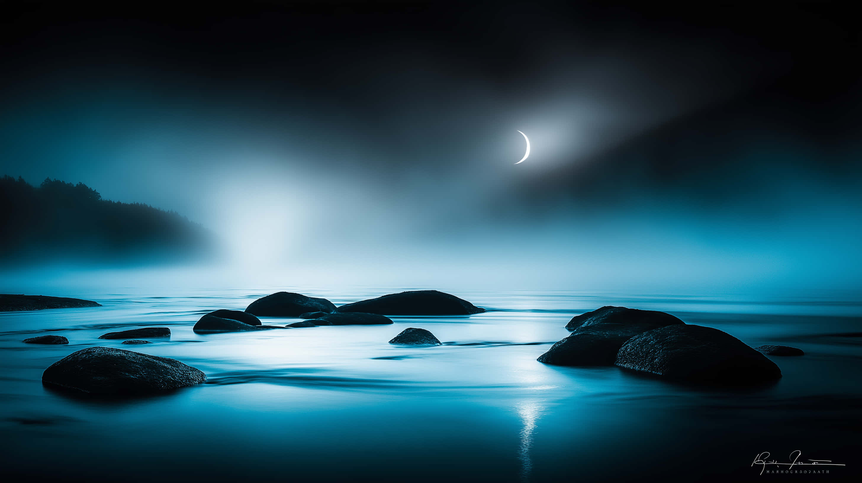 moonlit night, crescent moon, misty water, 2K Desktop Wallpaper