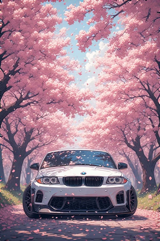 sleek white BMW, cherry blossoms, pink cherry trees, SD Phone Wallpaper