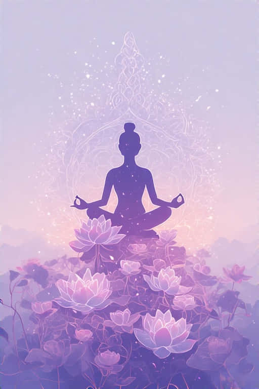 minimalist yoga lotus pose, calming lavender, glowing purple lotus flowers, SD Phone Wallpaper