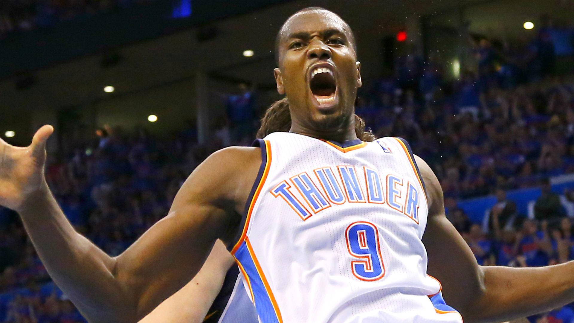 Serge Ibaka, Thunder jersey, arena lights, Full HD Desktop Wallpaper
