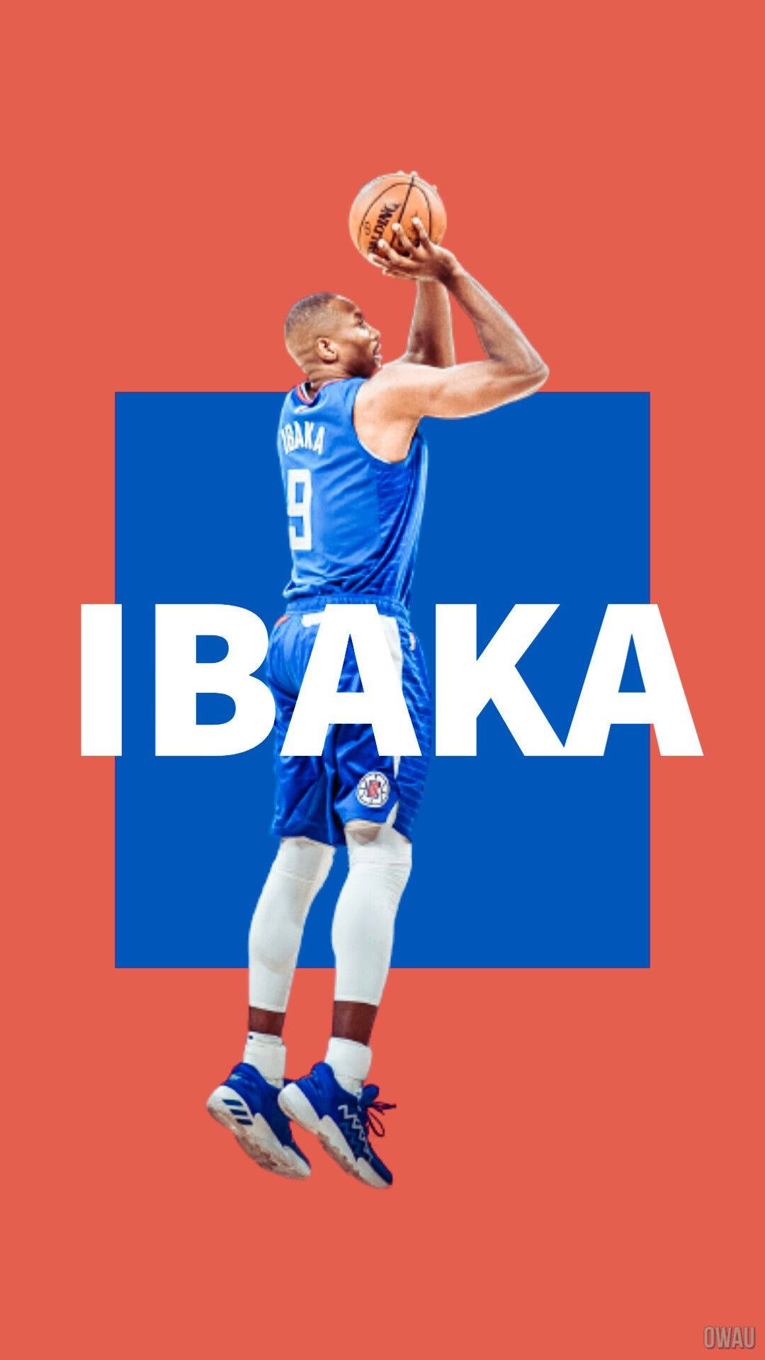 Serge Ibaka, blue jersey, coral background, Full HD Phone Wallpaper