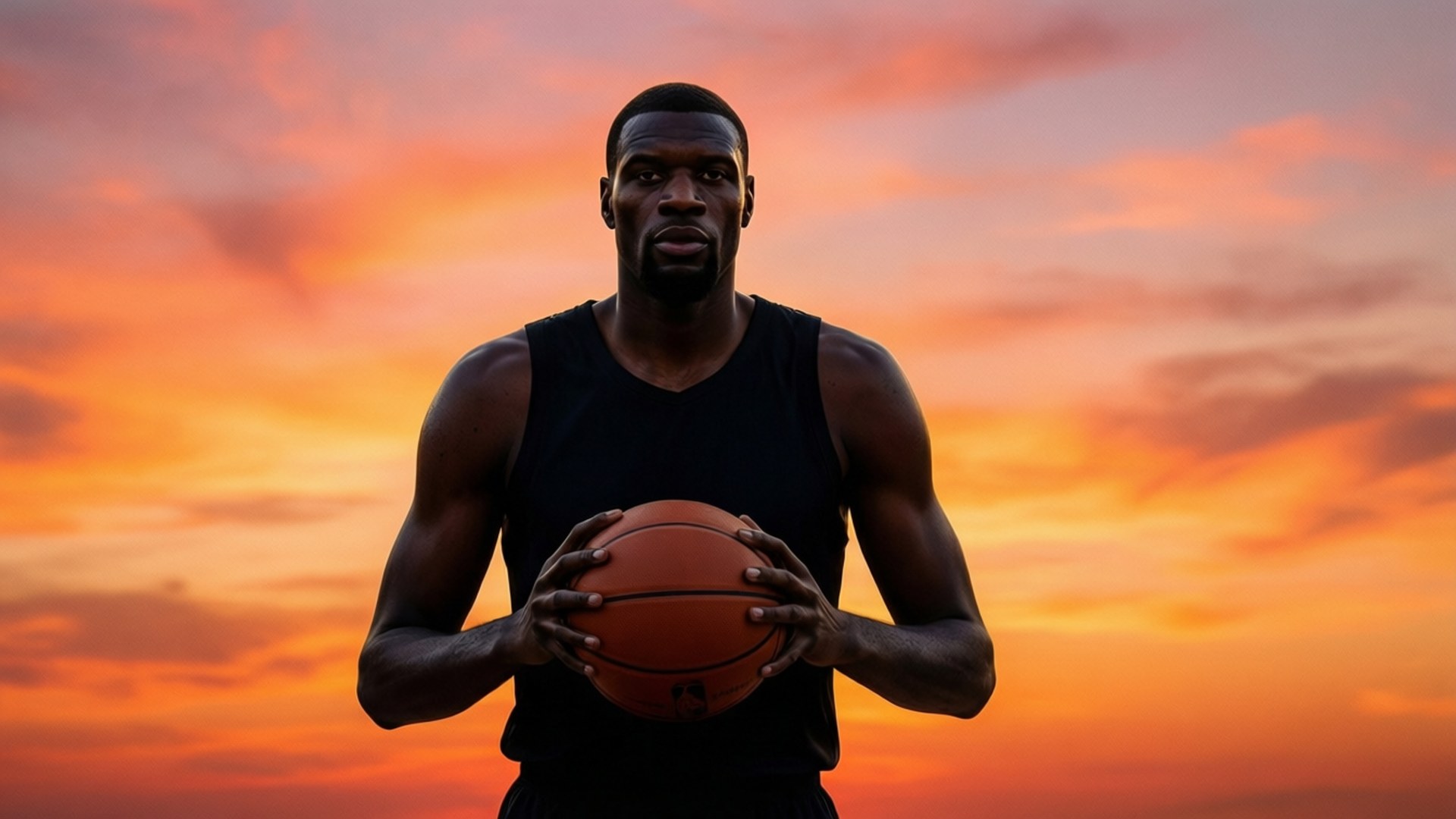 Serge Ibaka, black tank top, fiery orange sunset sky, Full HD Desktop Wallpaper