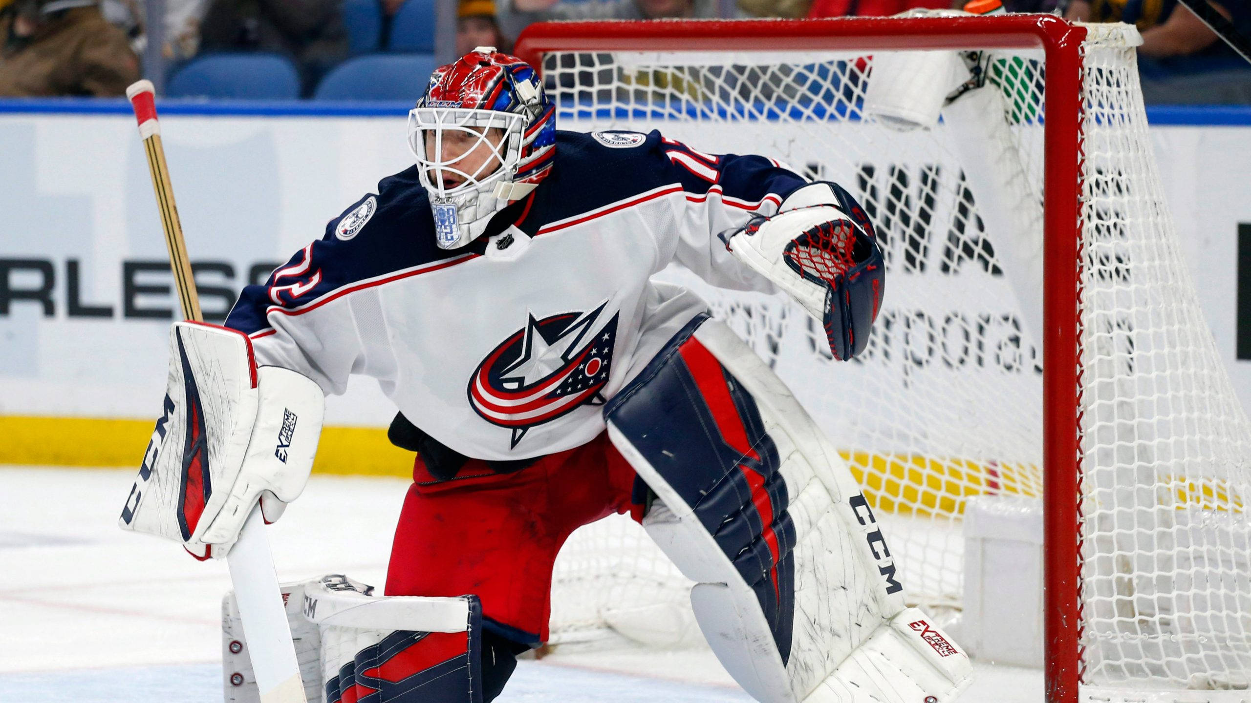 Sergei Bobrovsky, red white and blue gear, hockey goalie, 2K Desktop Wallpaper