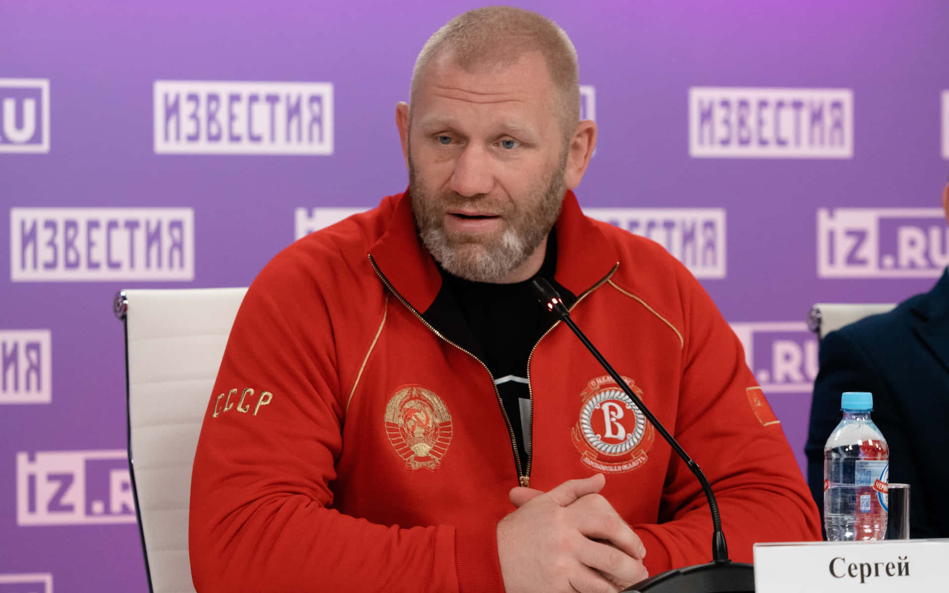Sergei Kharitonov, red jacket, Soviet-era emblems, Full HD Desktop Wallpaper