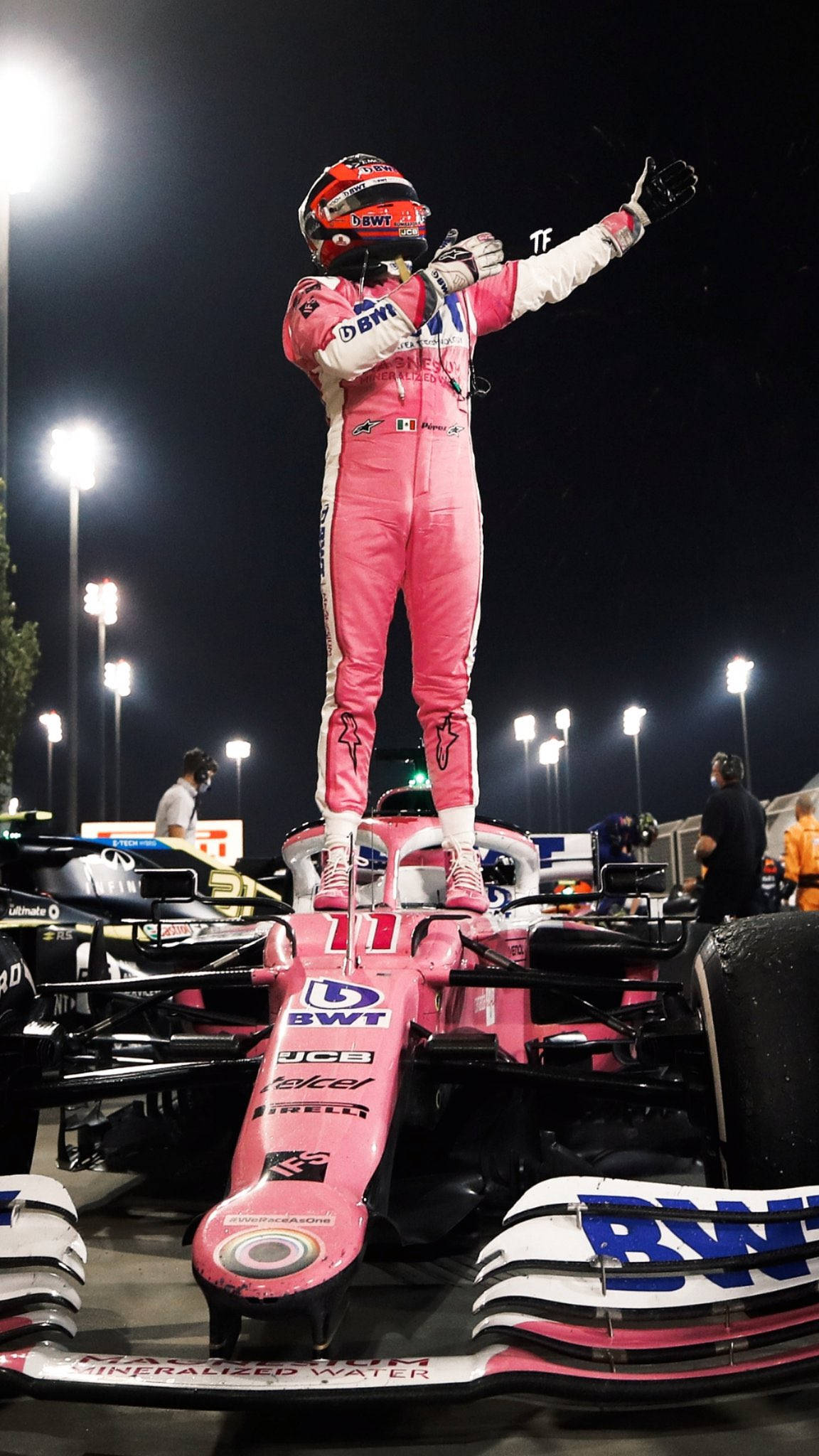 Sergio Perez, pink racing suit, pink race car, Full HD Phone Wallpaper