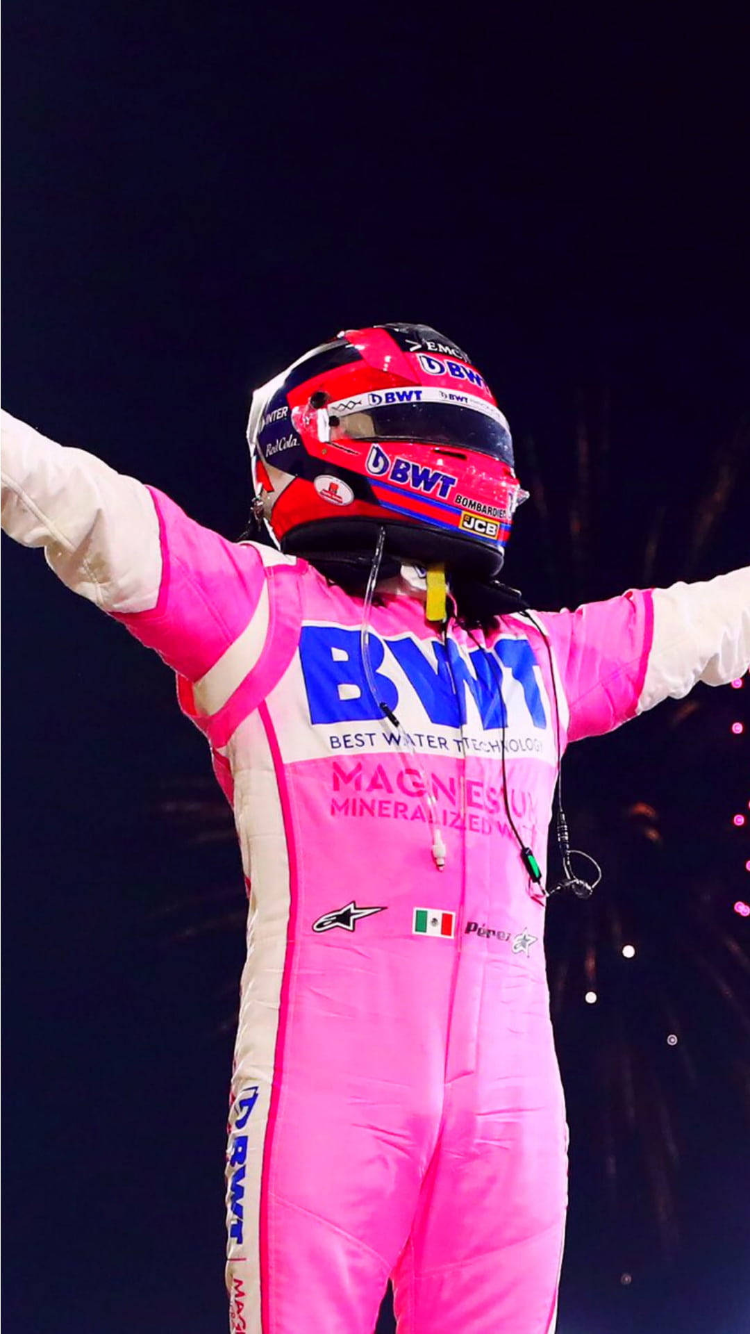 Sergio Perez, pink suit, helmet, Full HD Phone Wallpaper