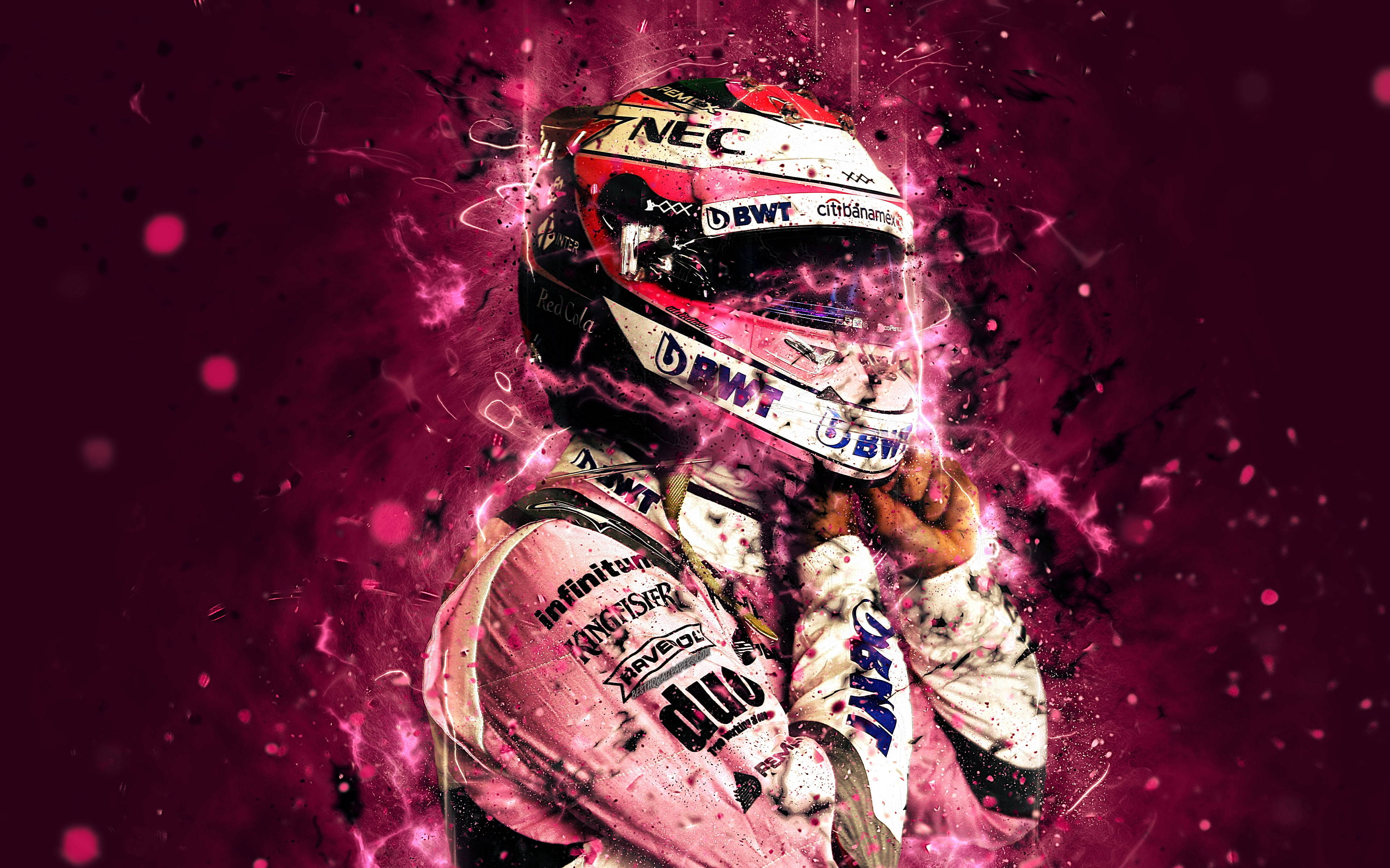 Sergio Perez, glowing pink, helmet, 4K Desktop Wallpaper