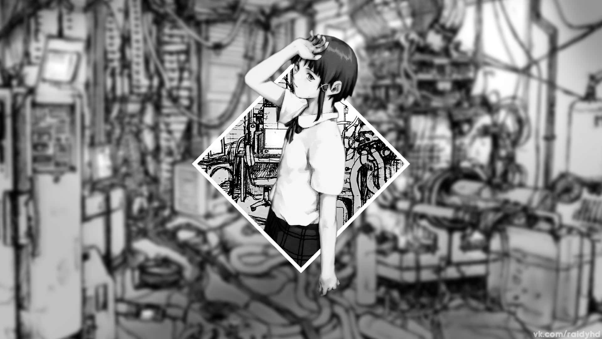 Serial Experiments Lain, monochrome anime girl, diamond frame, Full HD Desktop Wallpaper
