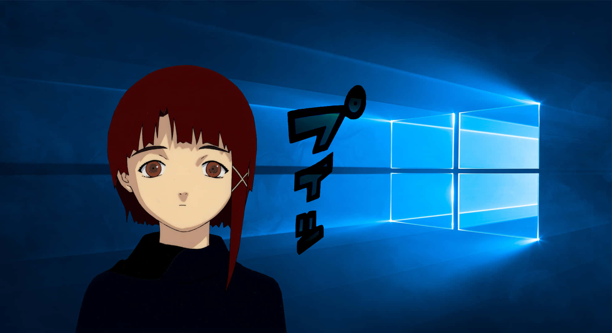 Serial experiments lain, red hair, glowing blue Windows logo, Full HD Desktop Wallpaper