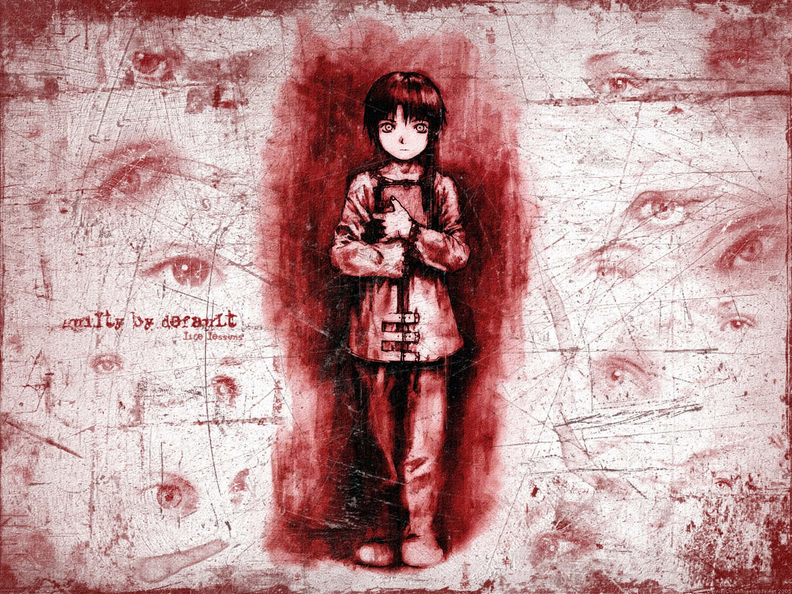 Serial Experiments Lain, red-toned, scratched background, HD Desktop Wallpaper