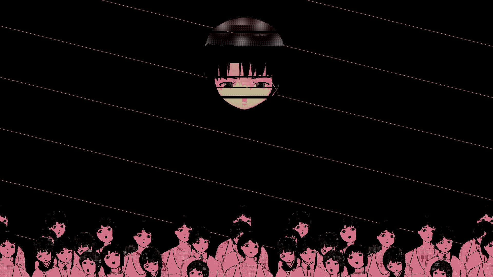 Serial experiments lain, pink-tinted schoolgirls, black background, Full HD Desktop Wallpaper