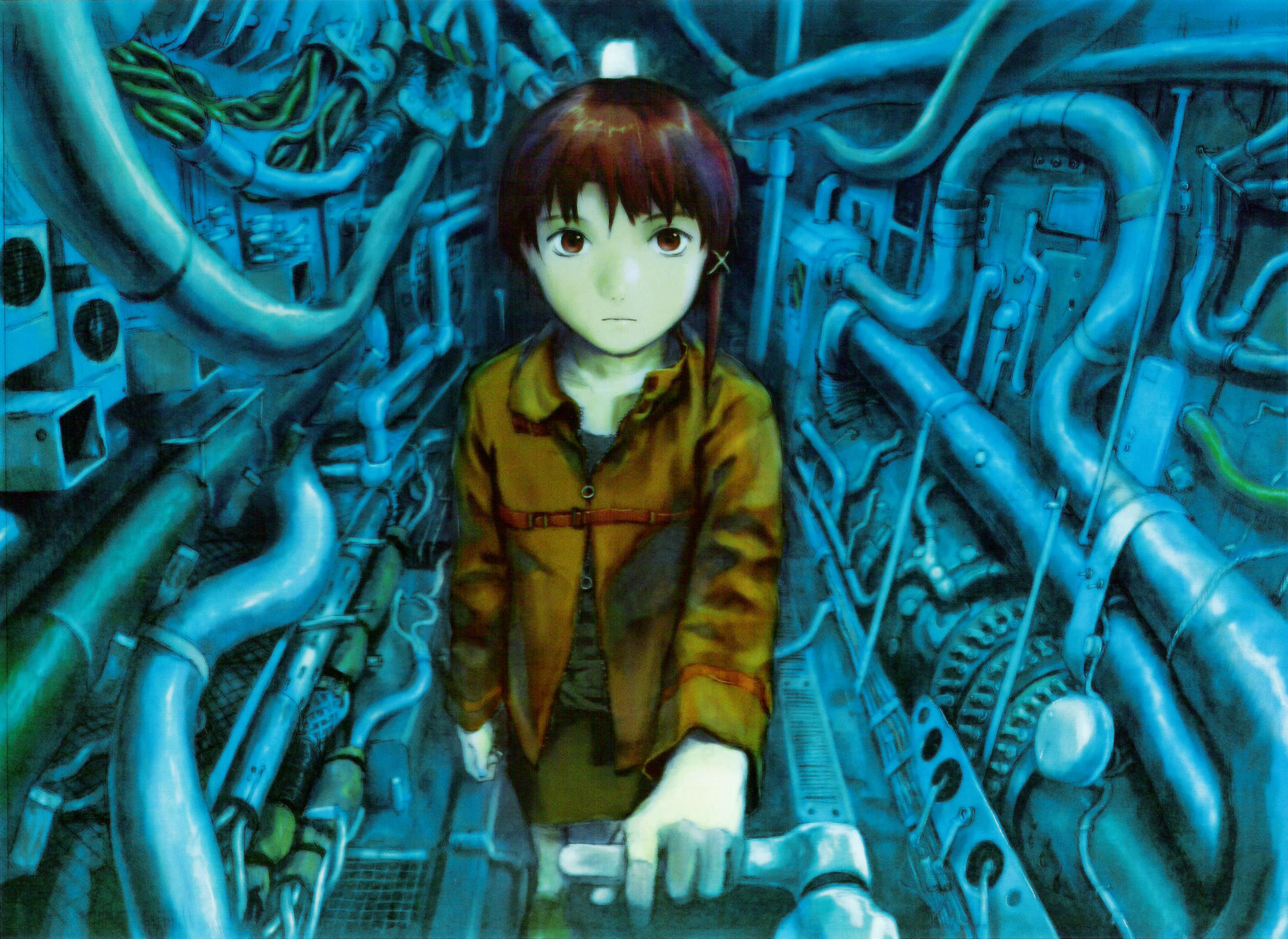 Serial Experiments Lain, brown jacket, glowing blue pipes, 2K Desktop Wallpaper