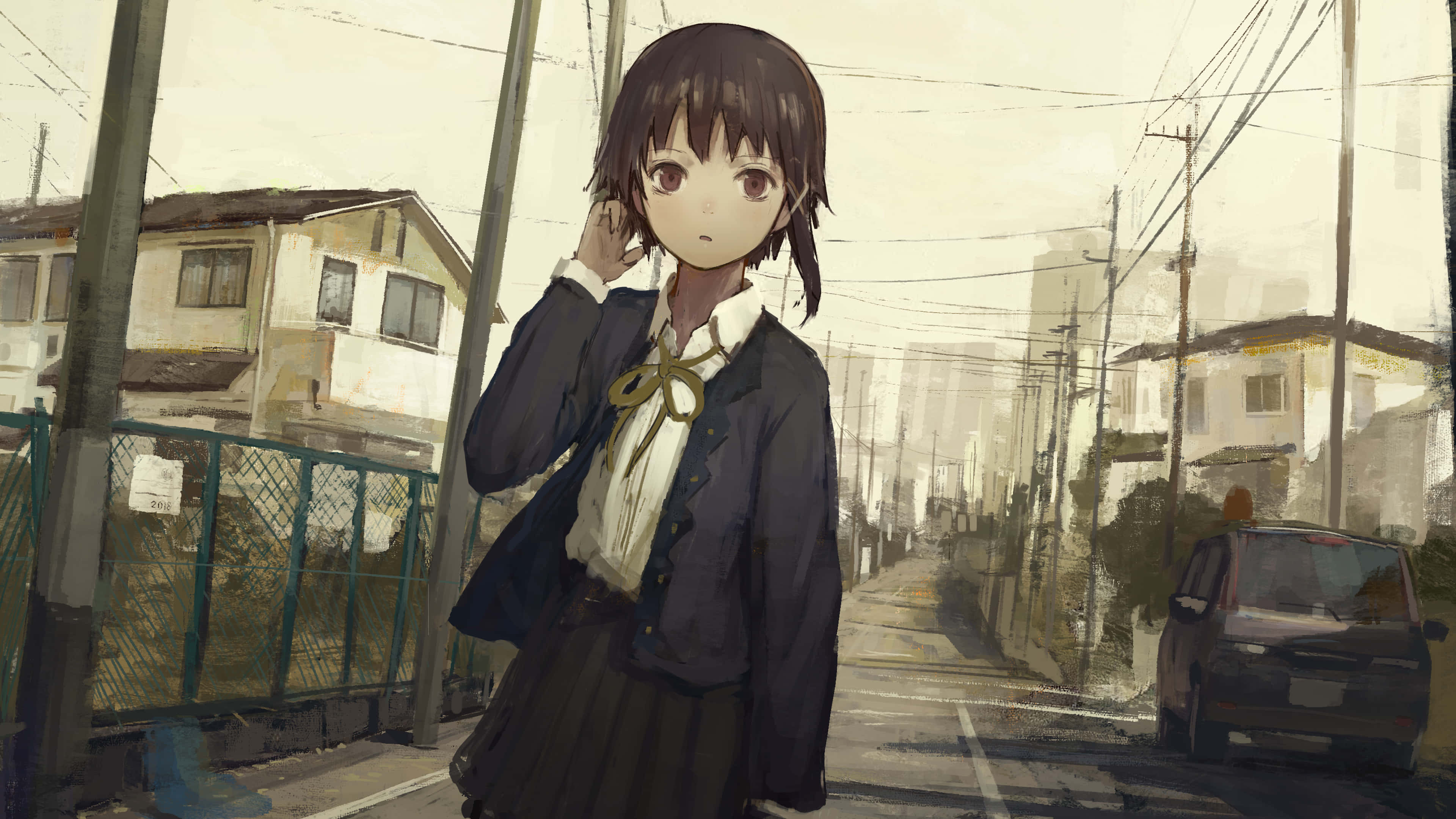Serial experiments lain, melancholic anime girl, school uniform, 4K Desktop Wallpaper