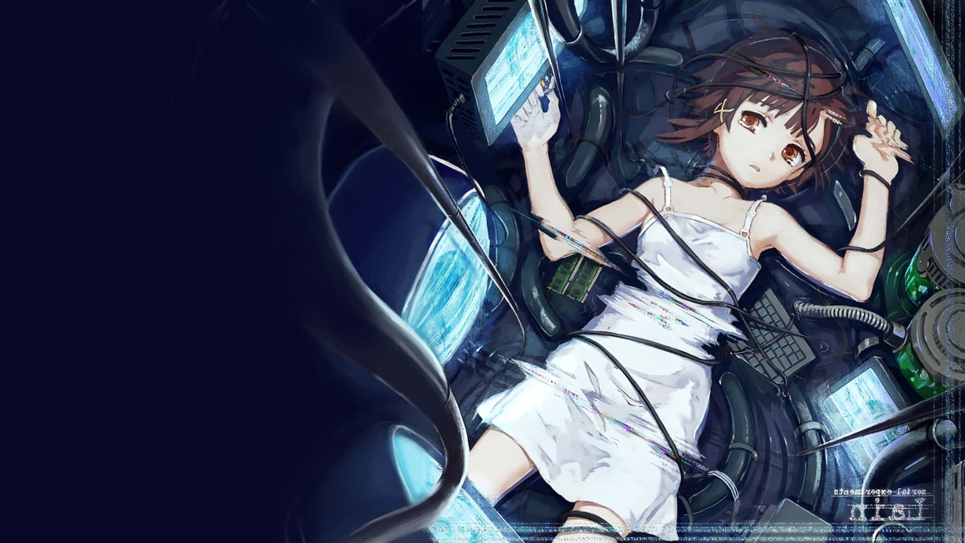 Serial Experiments Lain, white dress, dark futuristic cockpit, Full HD Desktop Wallpaper
