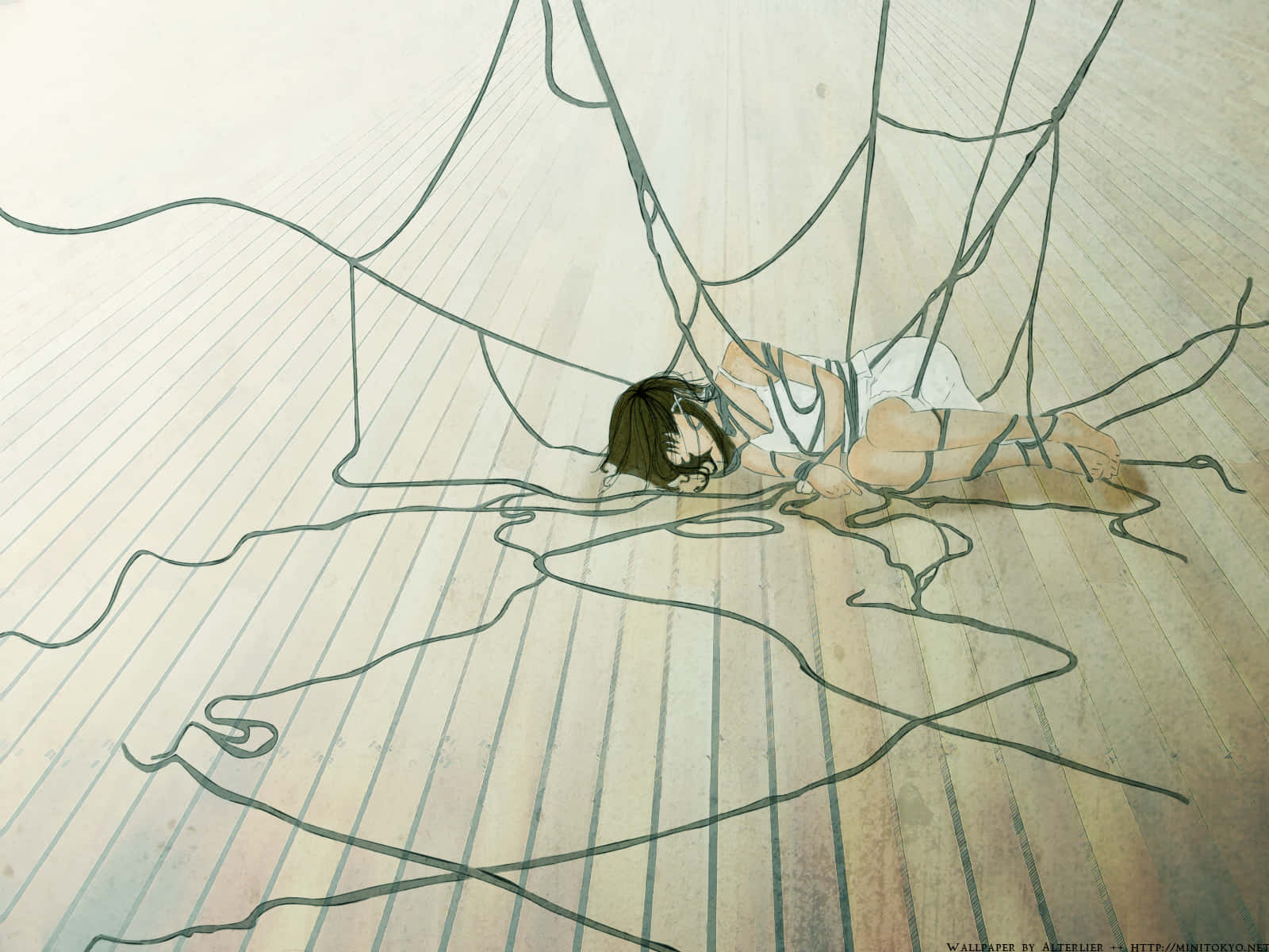 Serial experiments lain, anime girl, wooden floor, HD Desktop Wallpaper