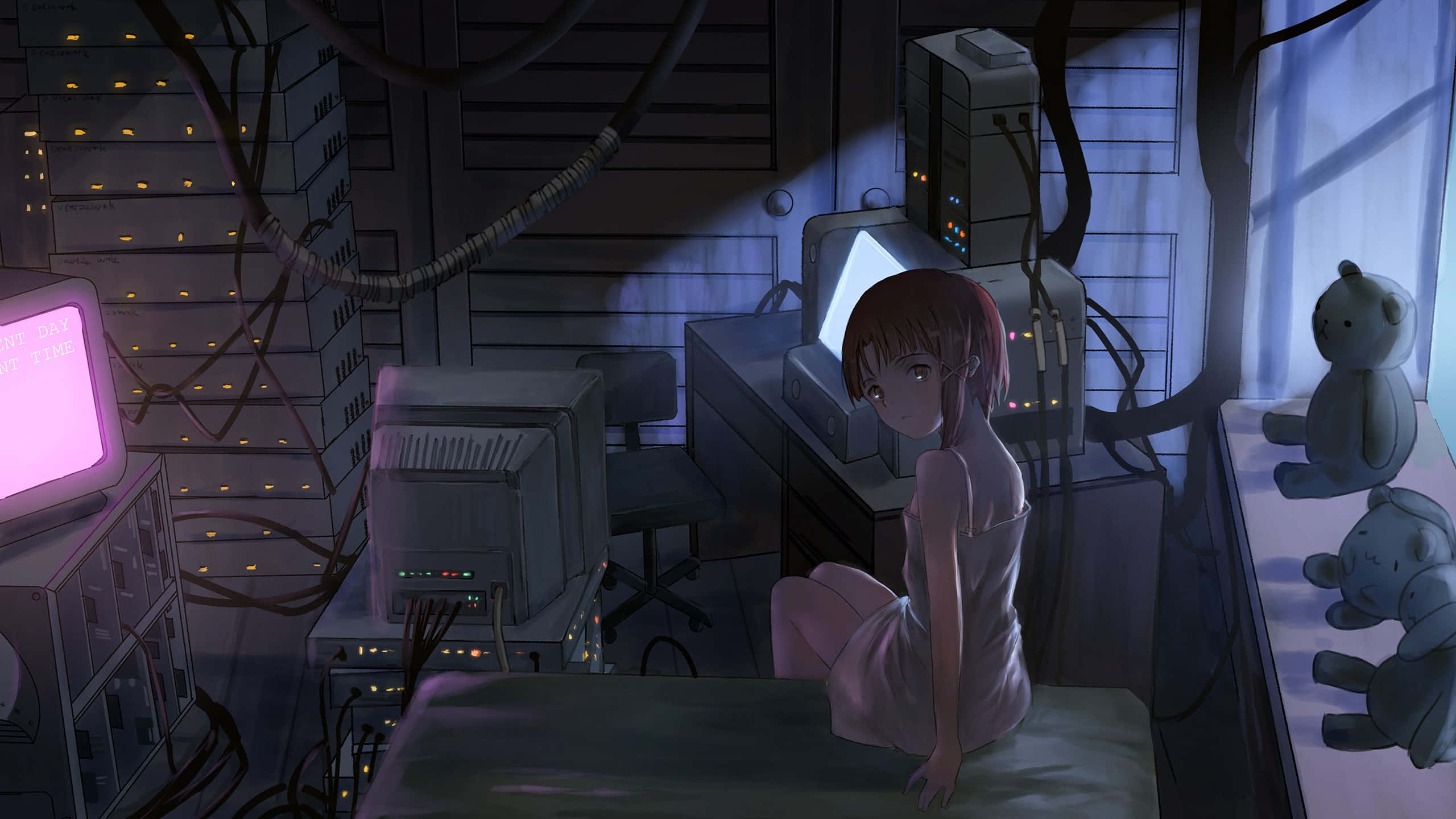 Serial experiments lain, anime girl, glowing computer servers, 2K Desktop Wallpaper