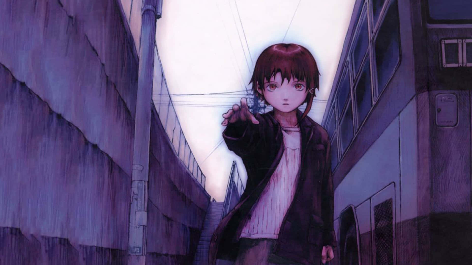 Serial Experiments Lain, red hair, narrow urban alleyway, Full HD Desktop Wallpaper