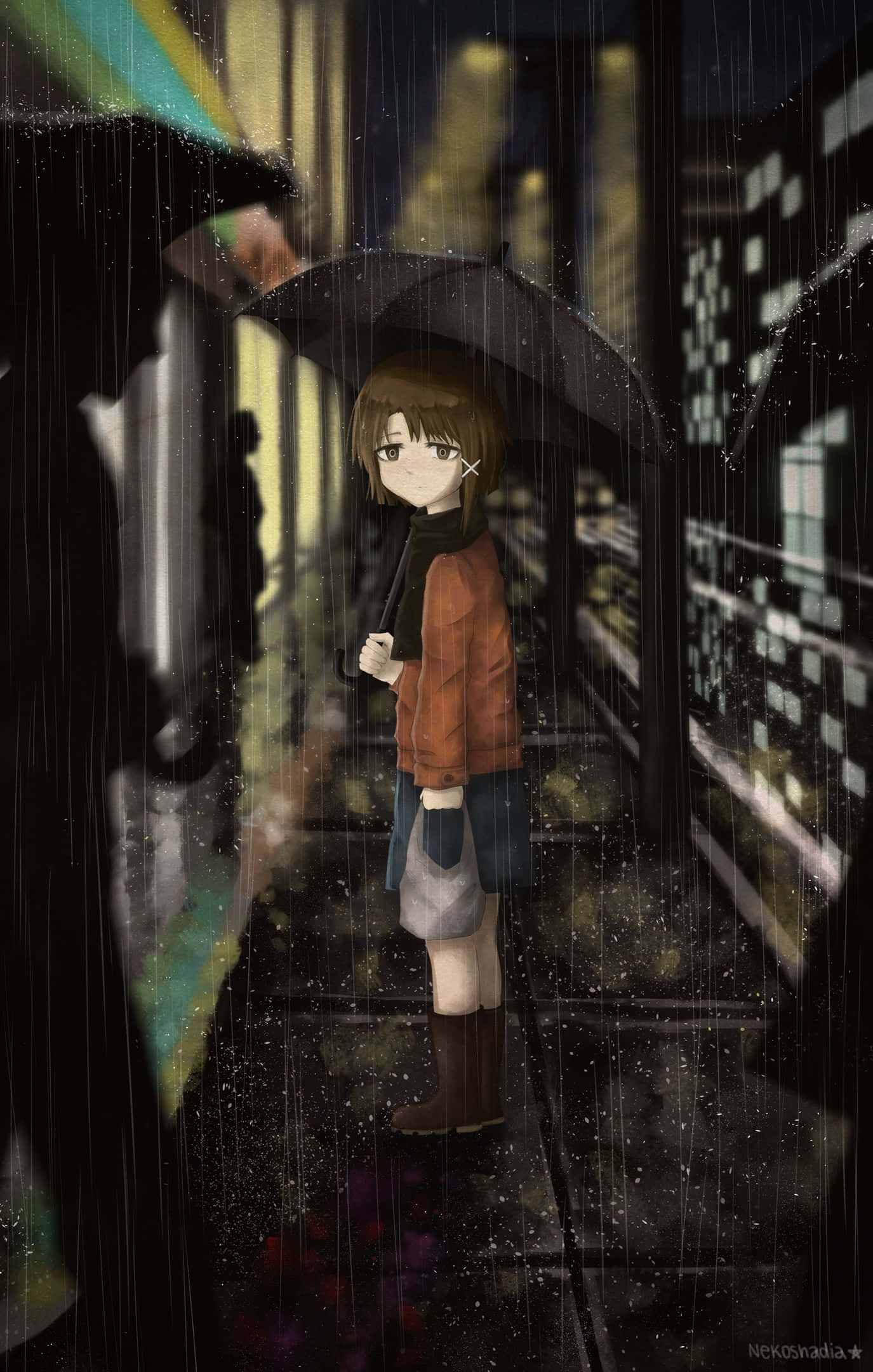 Serial experiments lain, neon-lit city street, night, Full HD Phone Wallpaper