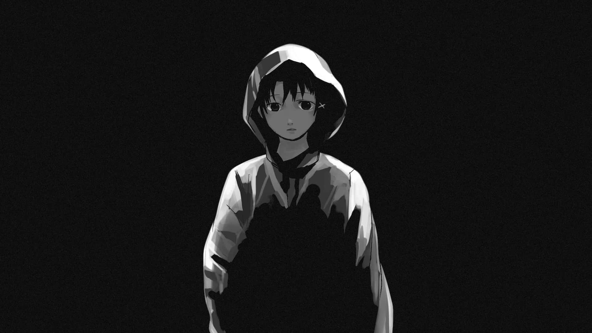 Serial experiments lain, hooded jacket, stark black background, Full HD Desktop Wallpaper