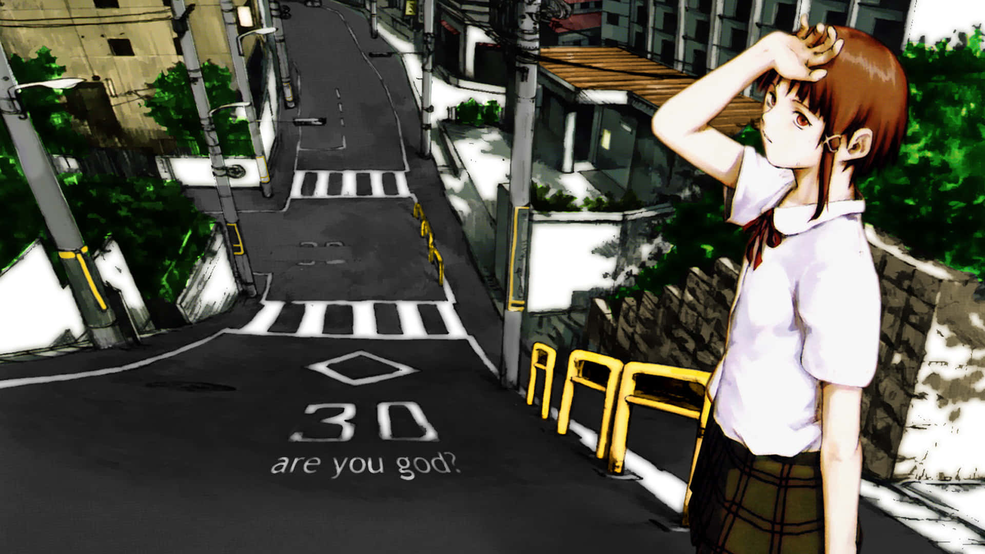 Serial Experiments Lain, sunlit urban street corner, text reads are you god?, Full HD Desktop Wallpaper