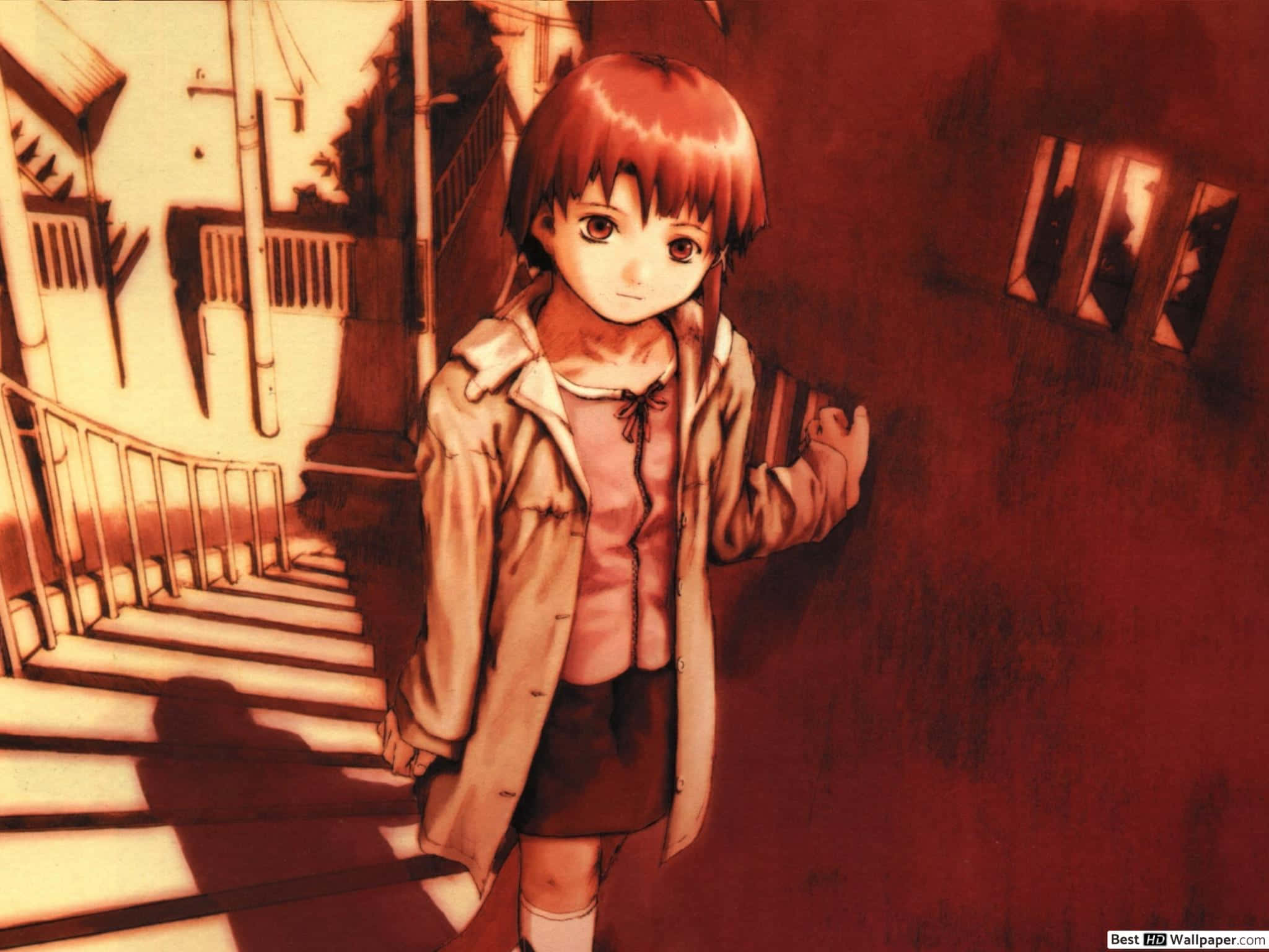 Serial Experiments Lain, red hair, sunlit staircase, Full HD Desktop Wallpaper
