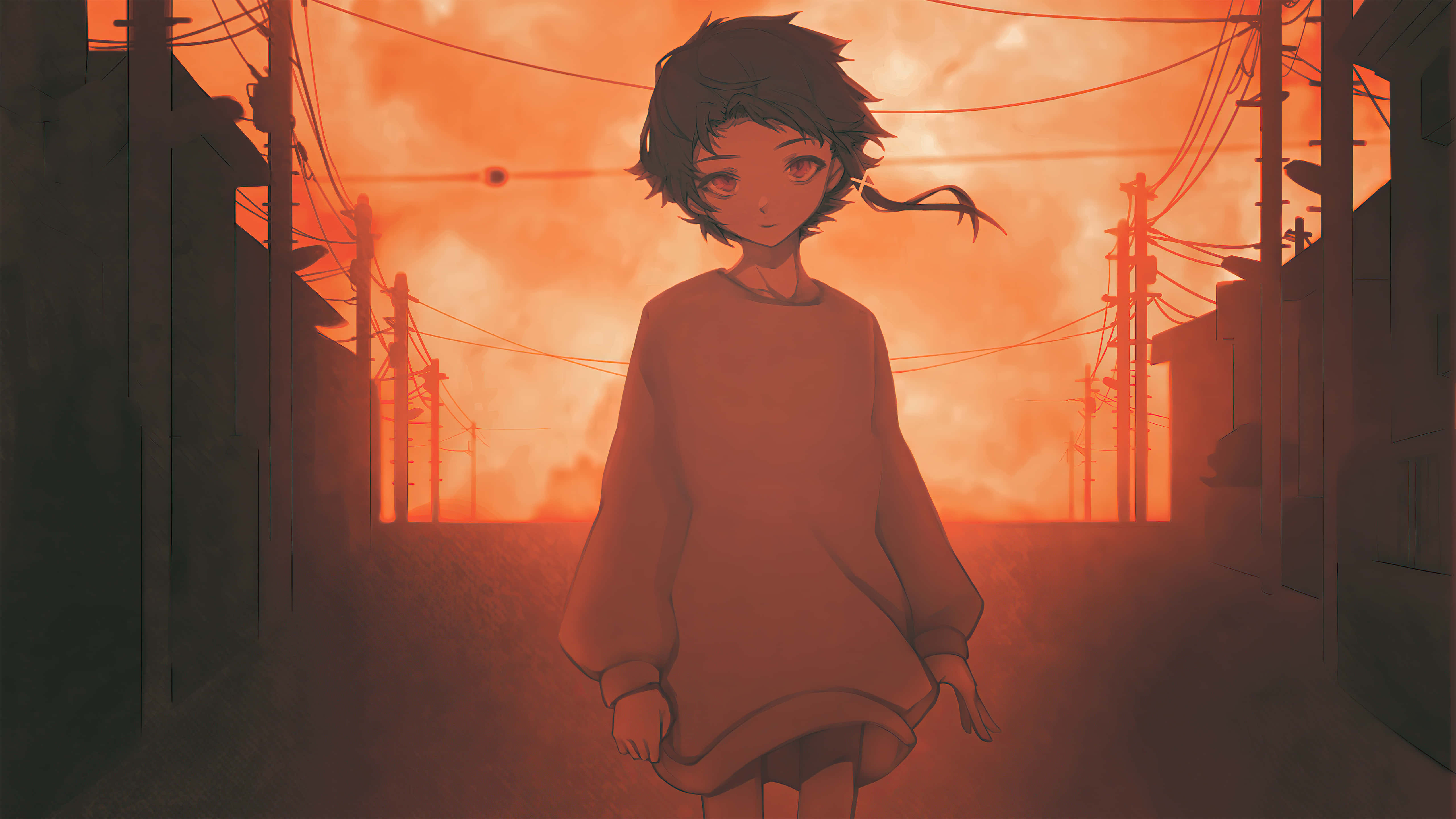 Serial Experiments Lain, fiery orange sunset, narrow alleyway, 5K Desktop Wallpaper