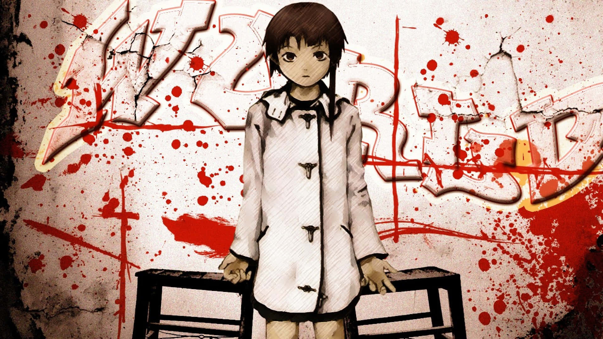 Serial Experiments Lain, white coat, graffiti-covered wall, Full HD Desktop Wallpaper