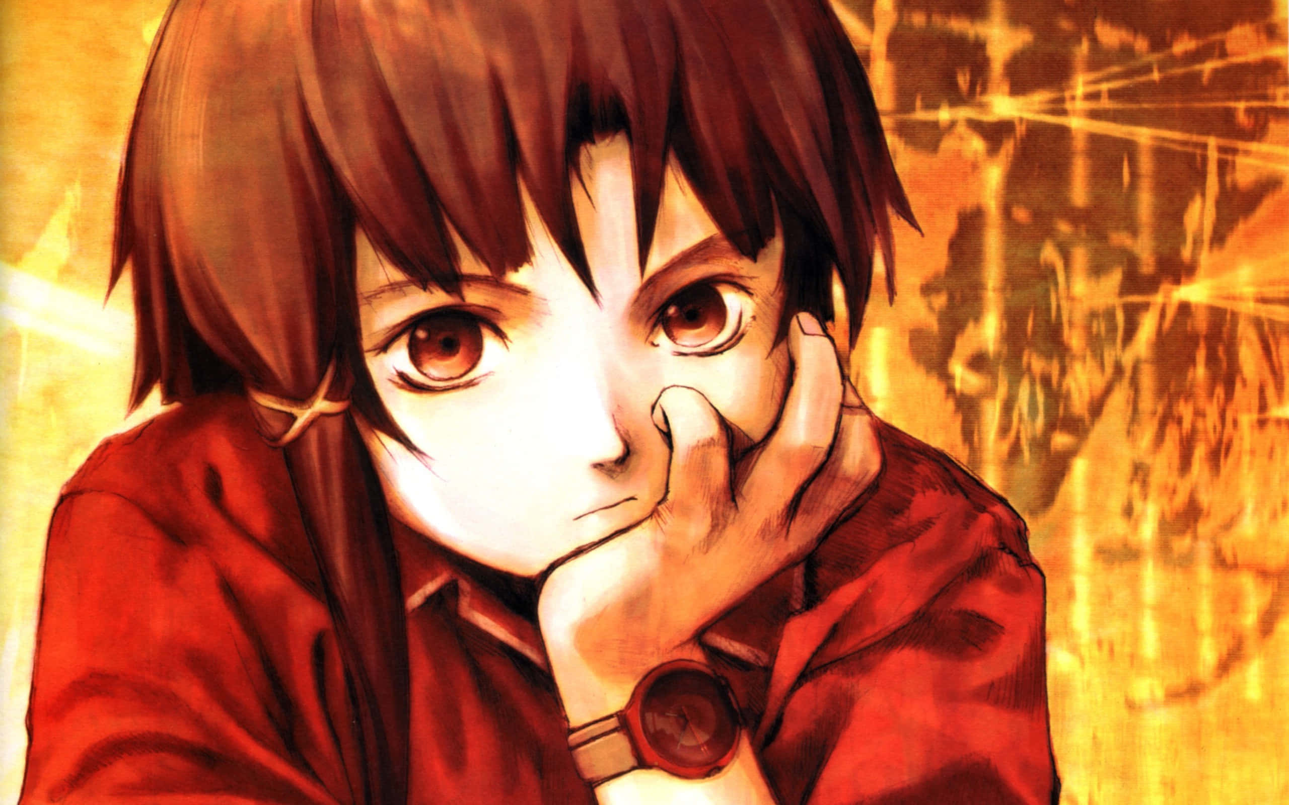 Serial Experiments Lain, brown hair, red eyes, 2K Desktop Wallpaper