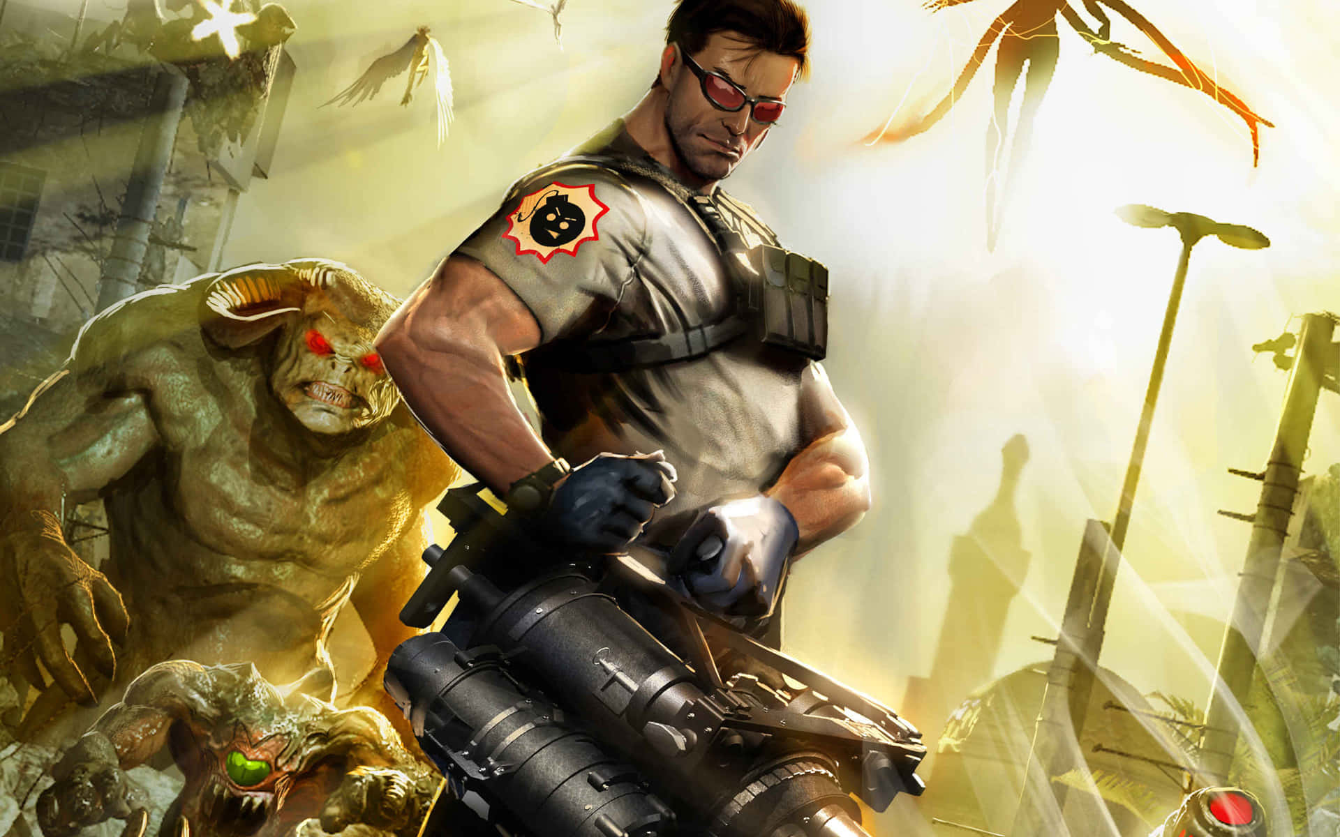 Serious Man, red goggles, heavy weapon, Full HD Desktop Wallpaper