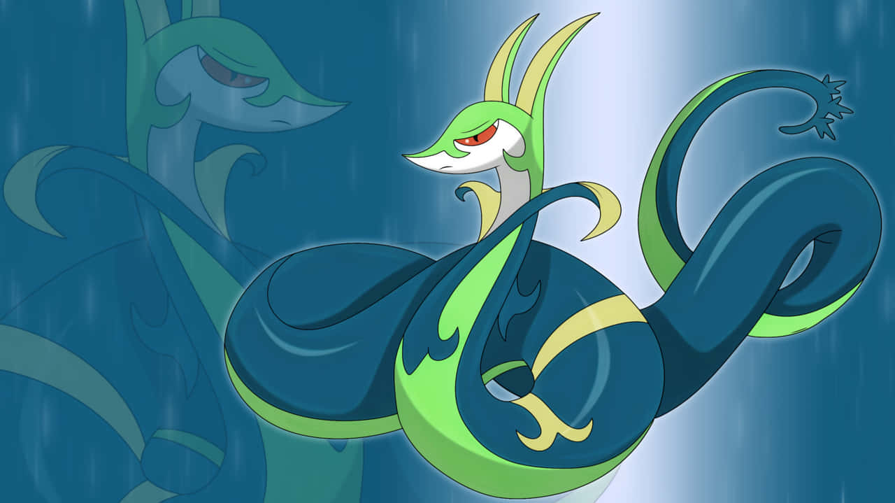 Serperior, green and blue dragon-like Pokémon, rainy gradient background, HD Desktop Wallpaper