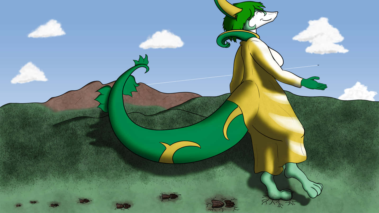 Serperior, green-haired, yellow robe, HD Desktop Wallpaper