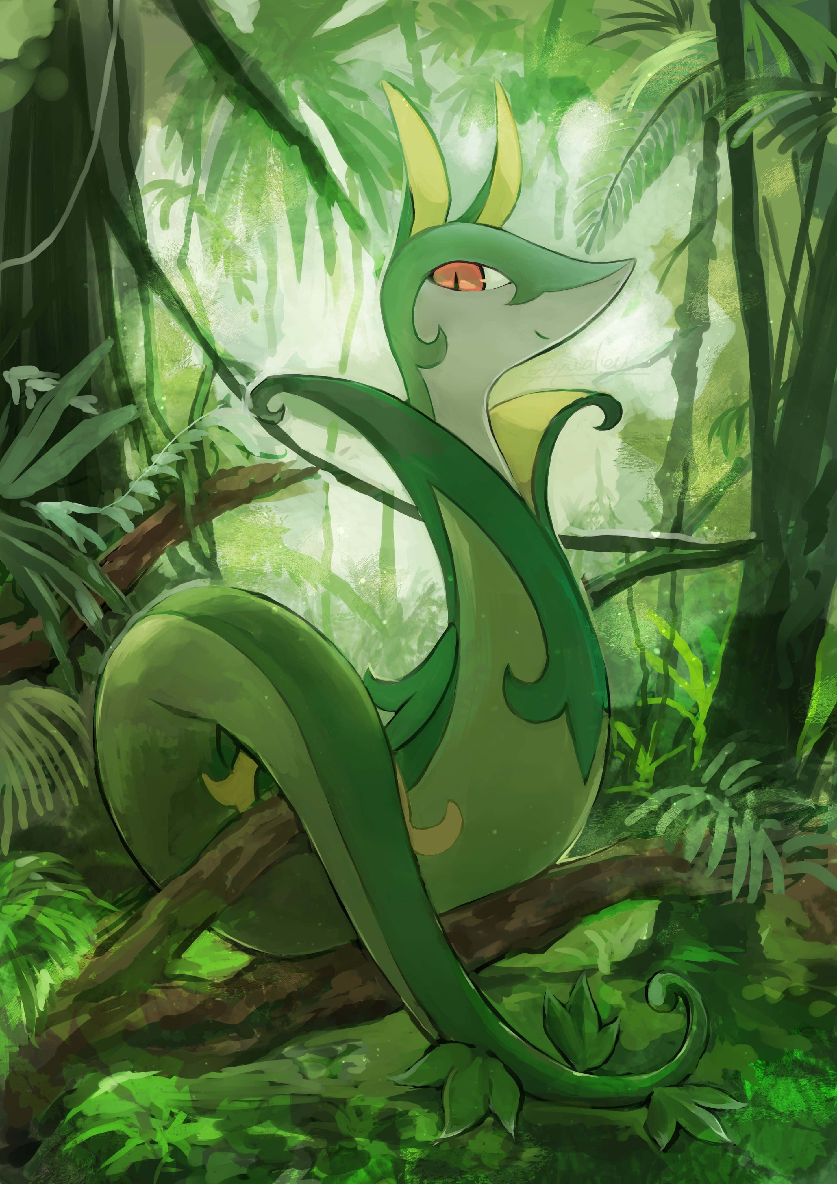 Serperior, cool forest setting, green dragon-like creature, 4K Phone Wallpaper