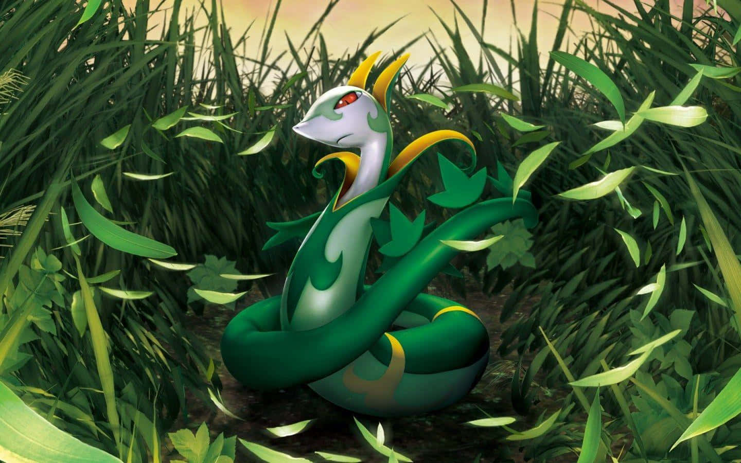 Serperior, green and white anime snake, yellow horns, HD Desktop Wallpaper