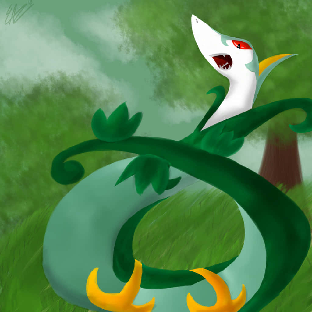 Serperior, white and green dragon, red eyes, SD Desktop Wallpaper