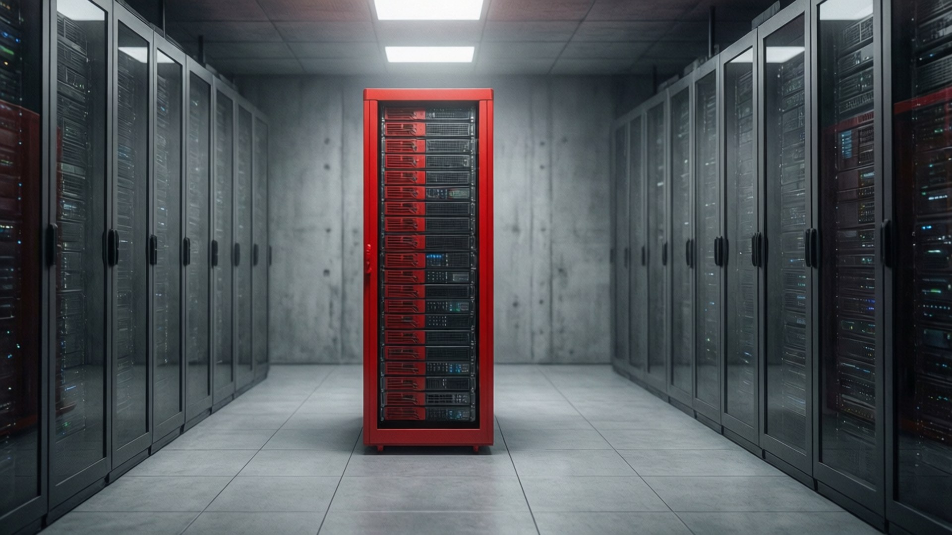 monochromatic server, minimalist data center, striking red rack, Full HD Desktop Wallpaper