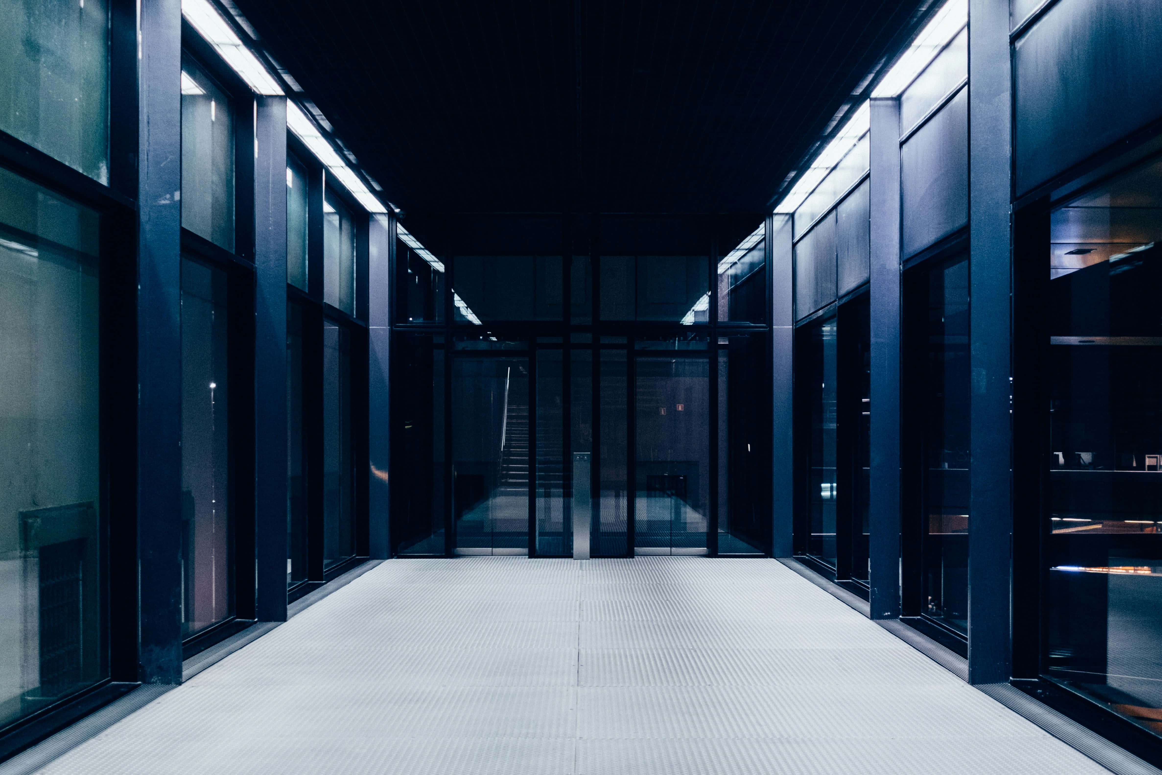 modern data center corridor, blue lighting, glass corridor, 4K Desktop Wallpaper