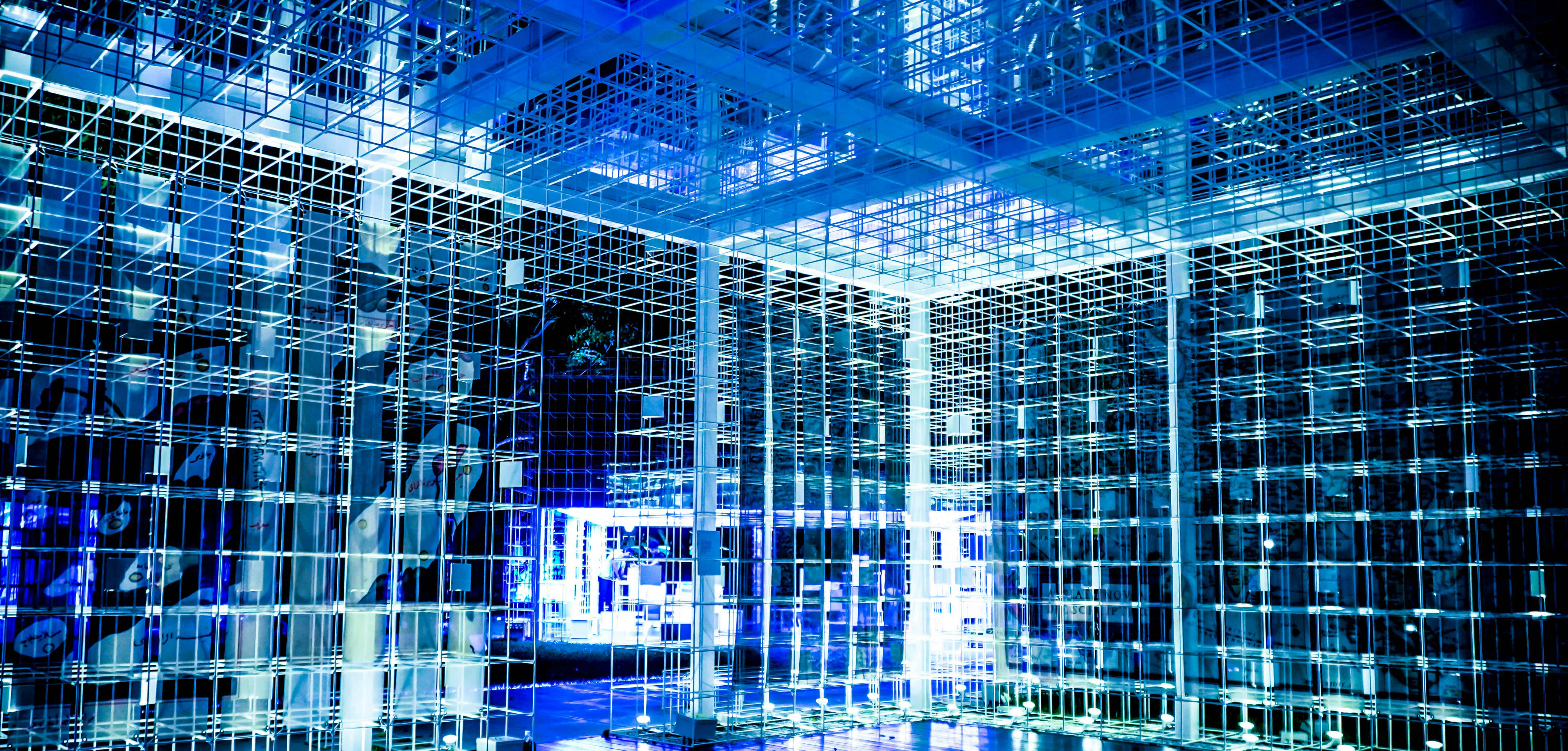futuristic data center, network racks, glowing blue lines, 5K Desktop Wallpaper