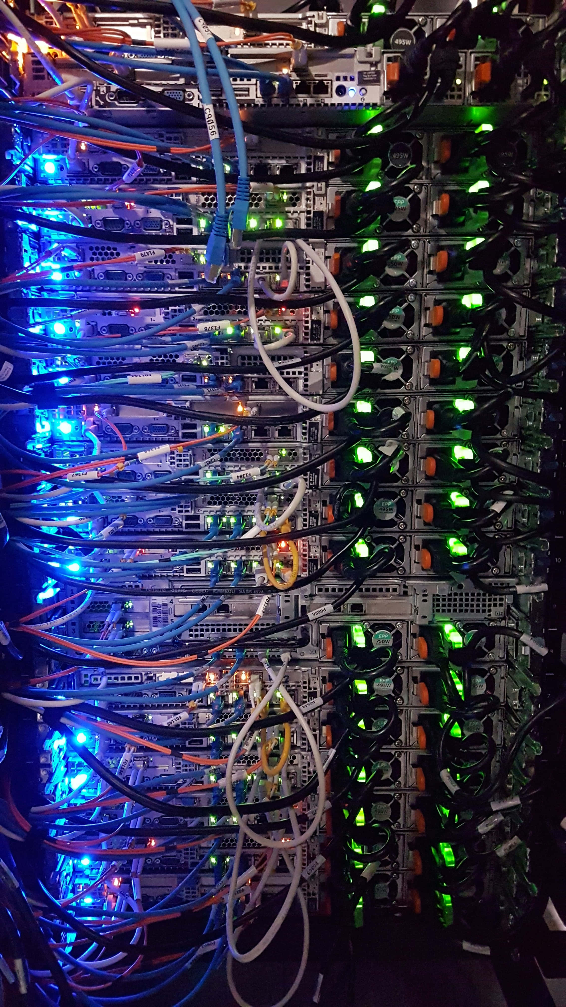 data center, server rack, glowing green and blue lights, 4K Phone Wallpaper