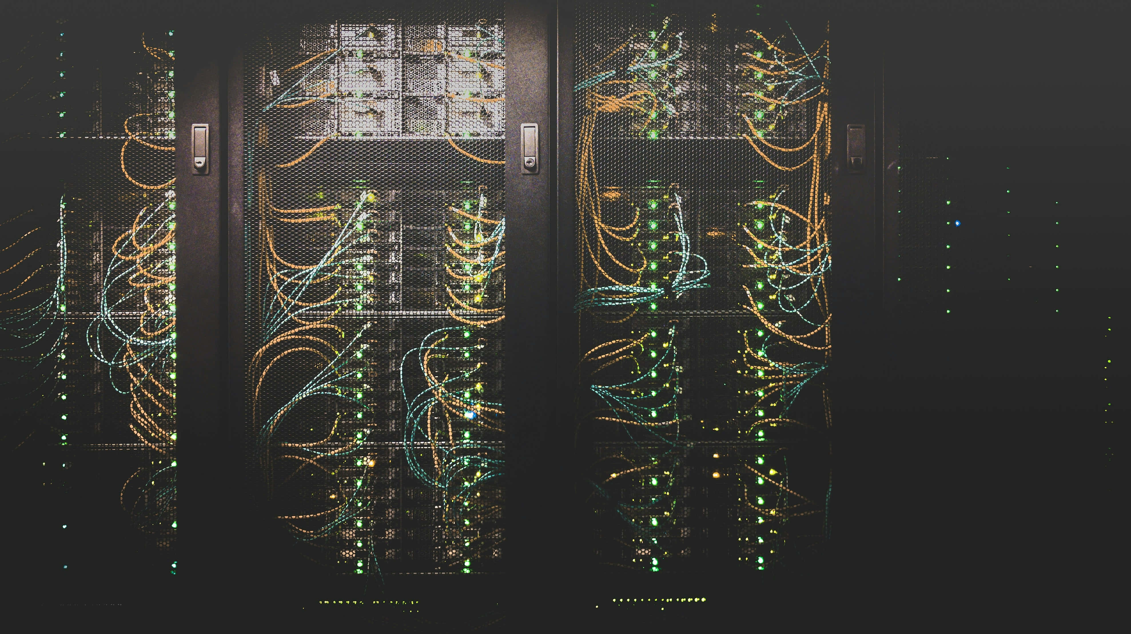 data center, server racks, colorful cables, 4K Desktop Wallpaper
