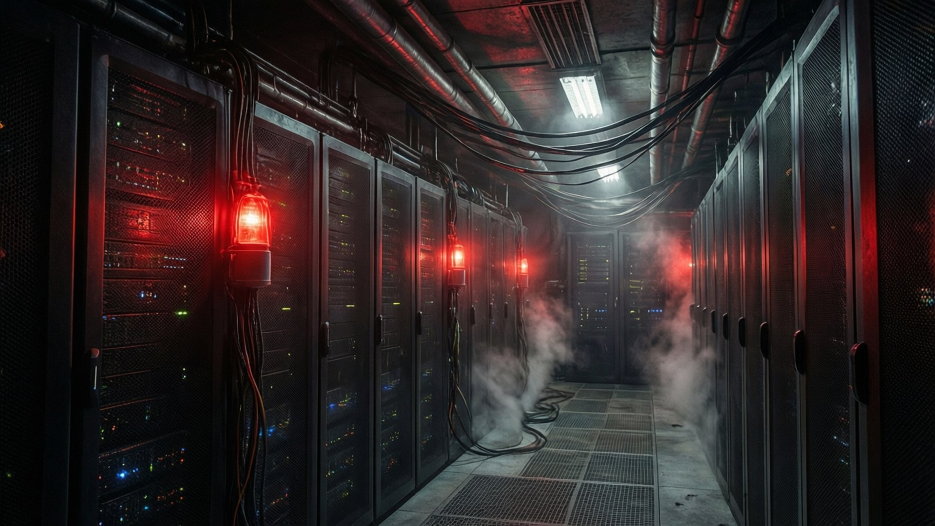 dystopian, server room, emergency red lights, Full HD Desktop Wallpaper