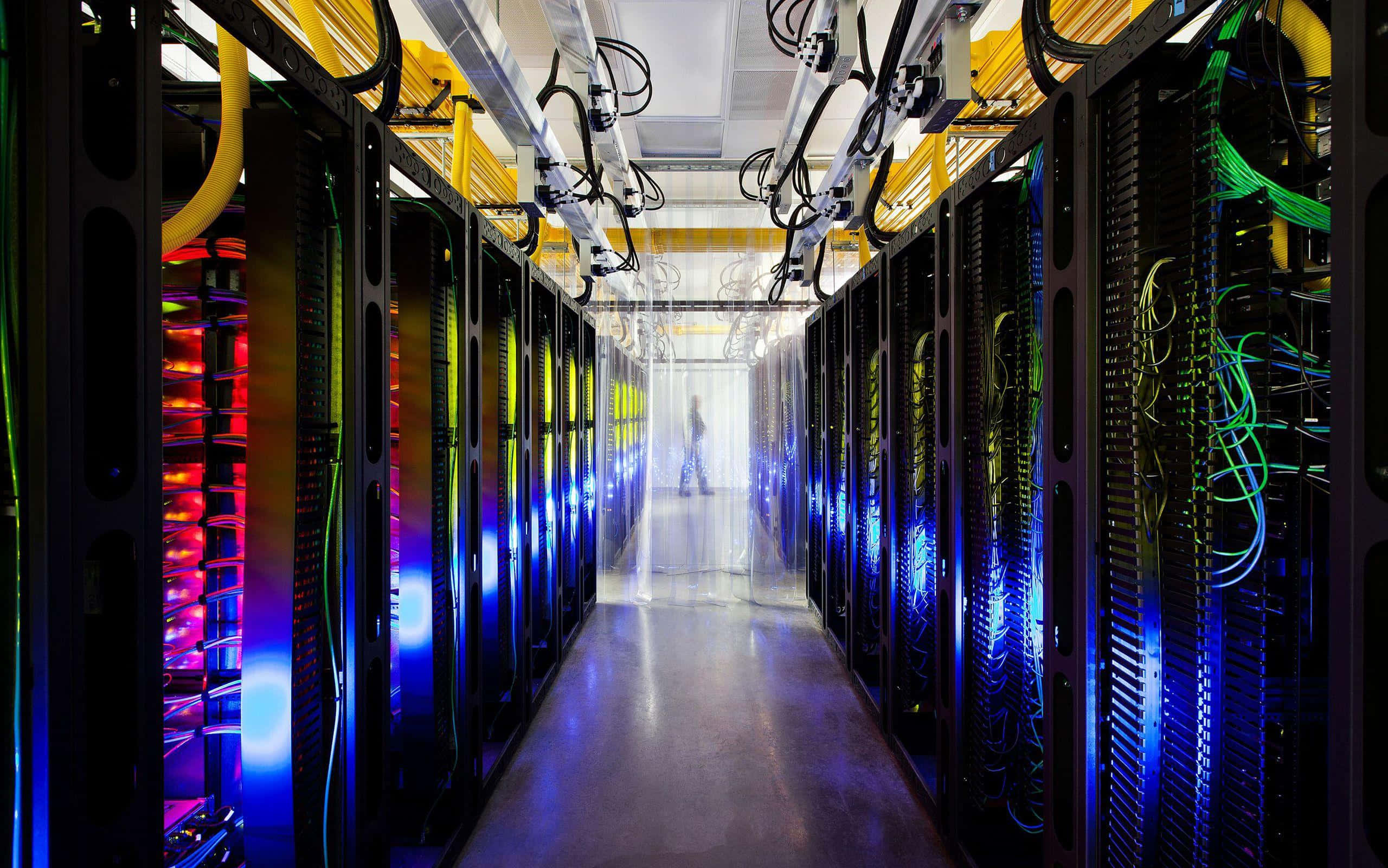 server racks, blue red and green lights, data center, 2K Desktop Wallpaper