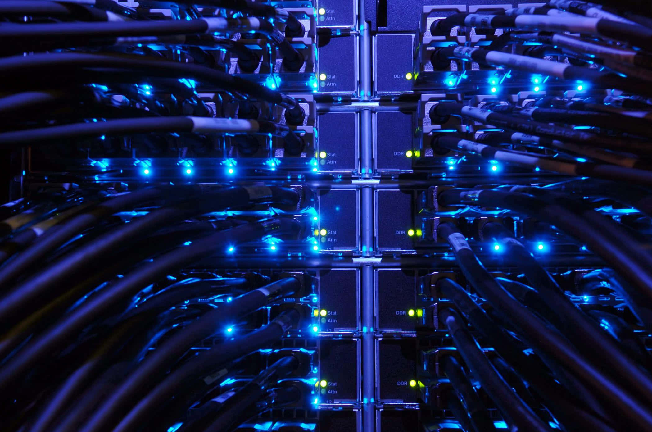 server racks, blue lights, black cables, Full HD Desktop Wallpaper