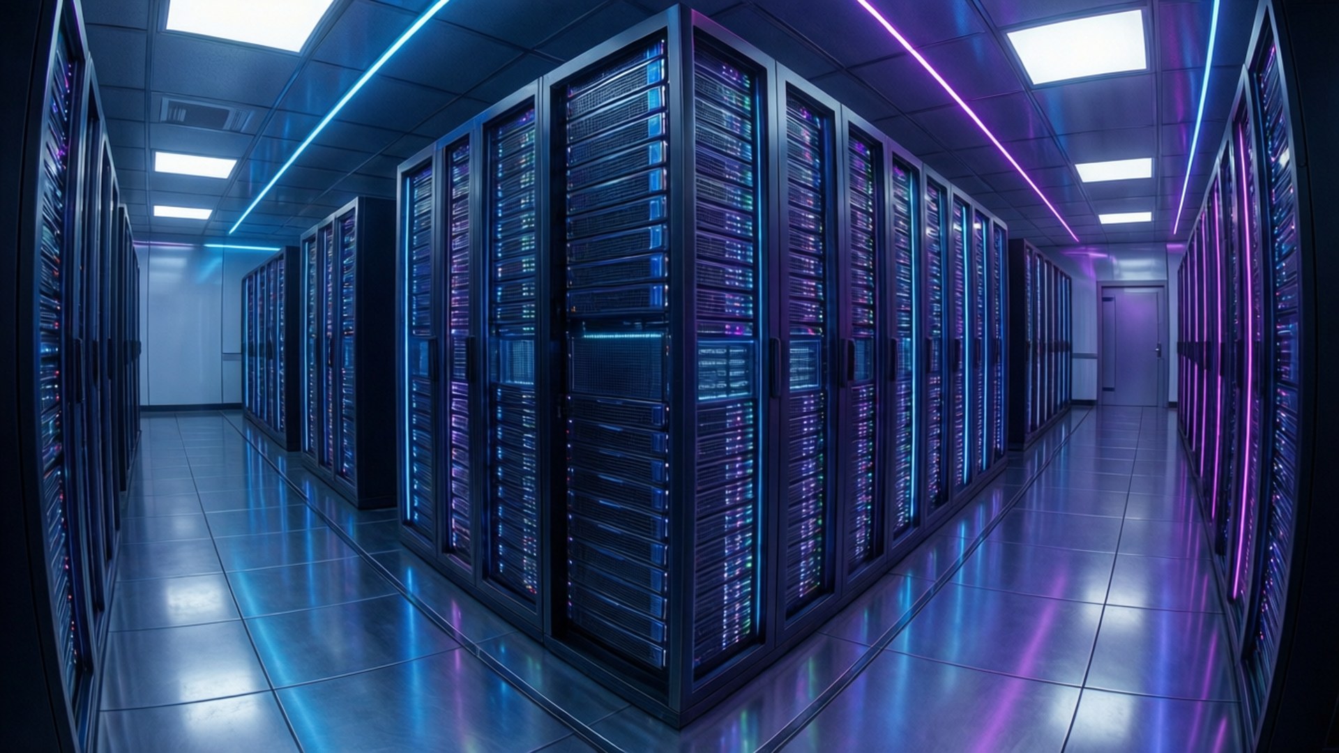 neon server corridor, futuristic server room, neon-lit racks, Full HD Desktop Wallpaper