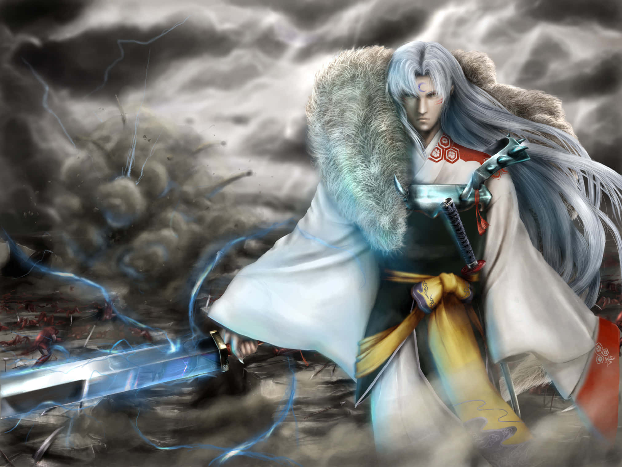 Sesshomaru, silver-haired warrior, white robe, Full HD Desktop Wallpaper