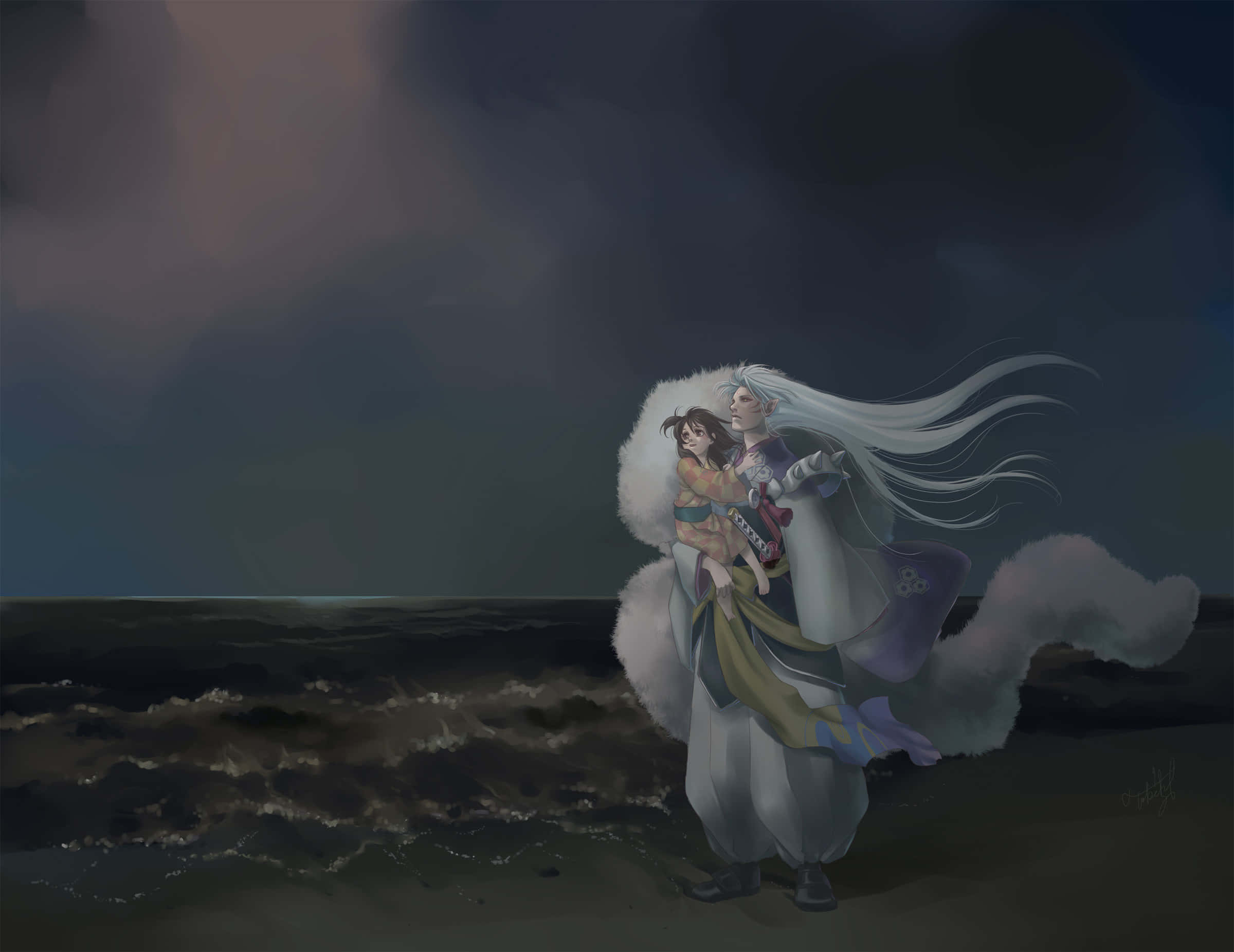 Sesshomaru, white-haired anime figure, flowing robes, Full HD Desktop Wallpaper