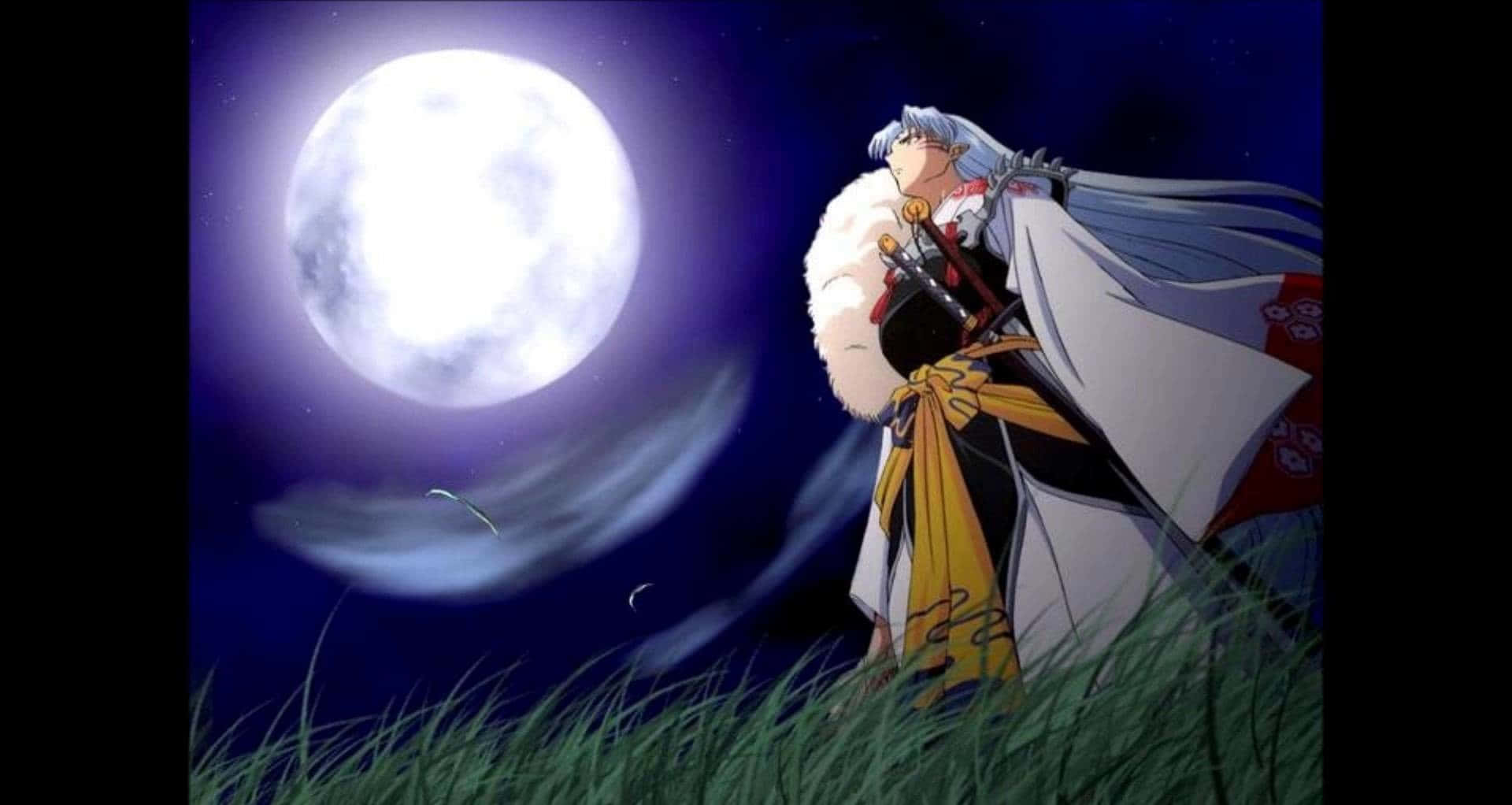 Sesshomaru, silver-haired anime warrior, white fur-trimmed robe, Full HD Desktop Wallpaper