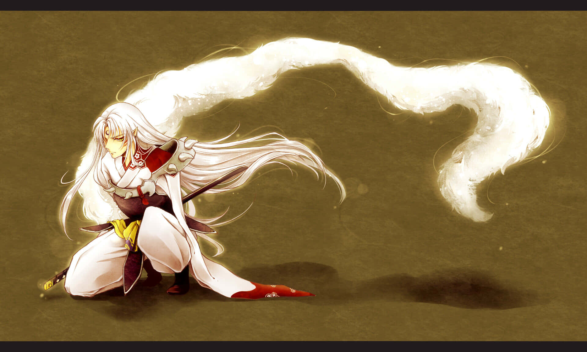 Sesshomaru, white-haired anime warrior, glowing energy trail, Full HD Desktop Wallpaper