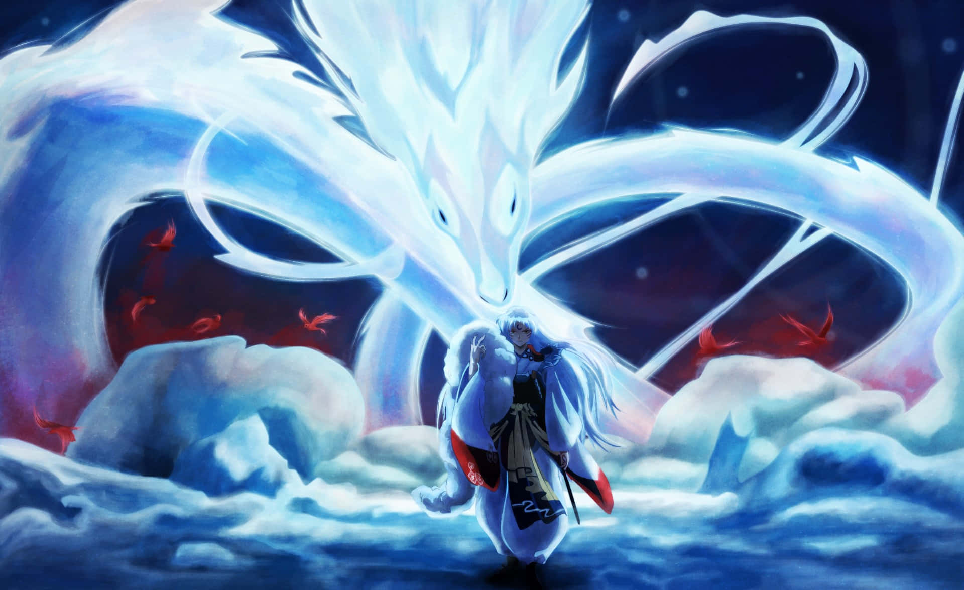 Sesshomaru, white-haired anime warrior, glowing blue dragon, Full HD Desktop Wallpaper