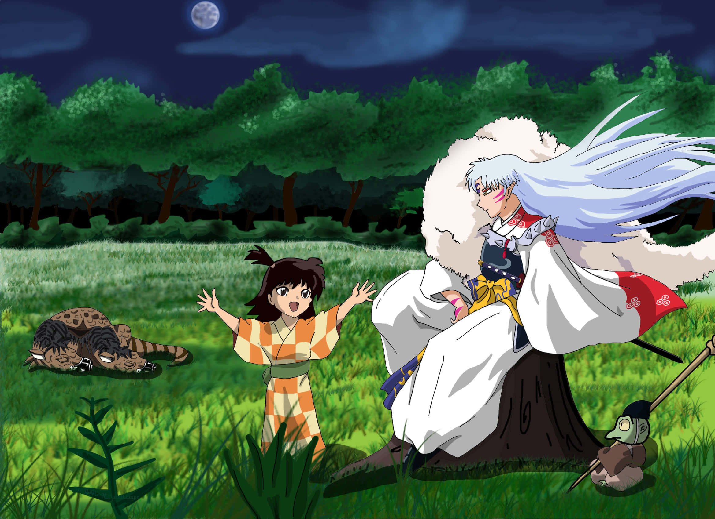 Sesshomaru, silver-haired anime warrior, white fur cloak, Full HD Desktop Wallpaper