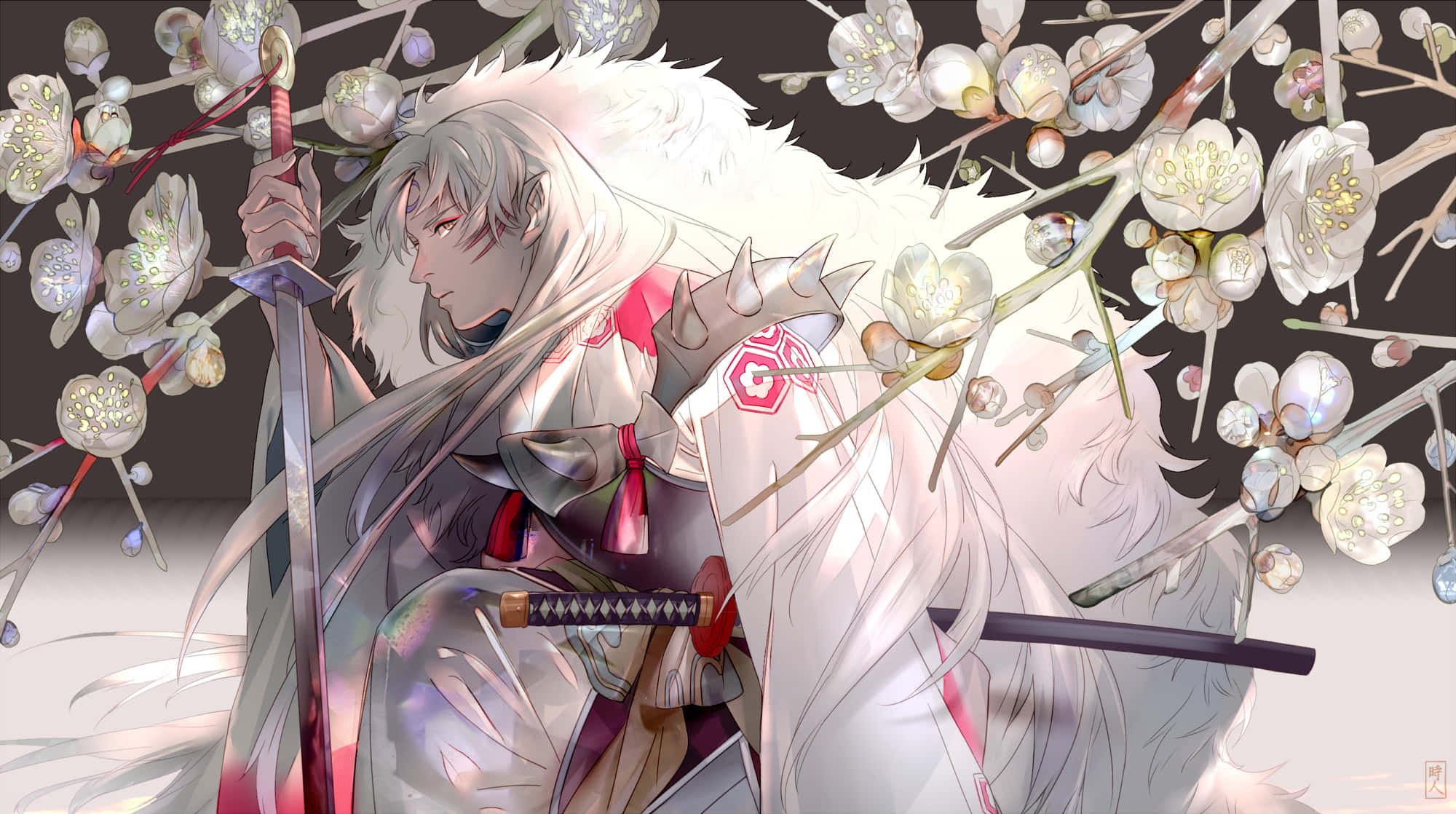 Sesshomaru, silver-haired anime warrior, white armor, Full HD Desktop Wallpaper